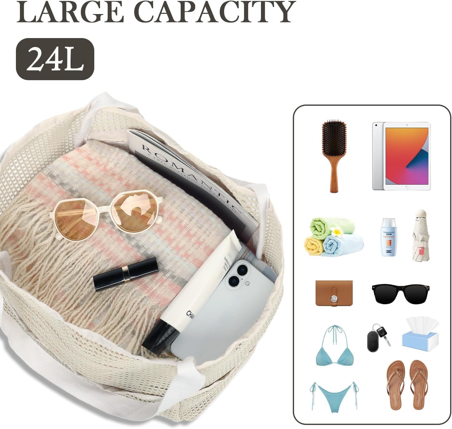 image:imageFammart Mesh Beach Bag for Women Summer Straw Tote Hobo Pool Bags with Zipper Pocket Travel Vacation Cruise Essentials 2026Multipocket Beige