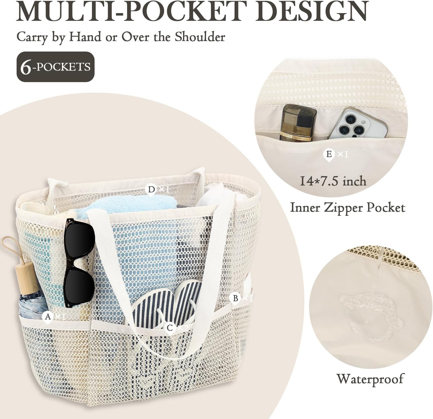 image:imageFammart Mesh Beach Bag for Women Summer Straw Tote Hobo Pool Bags with Zipper Pocket Travel Vacation Cruise Essentials 2026Multipocket Beige