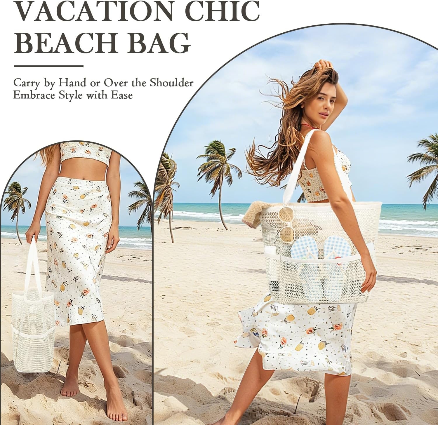 image:imageFammart Mesh Beach Bag for Women Summer Straw Tote Hobo Pool Bags with Zipper Pocket Travel Vacation Cruise Essentials 2026Multipocket Beige