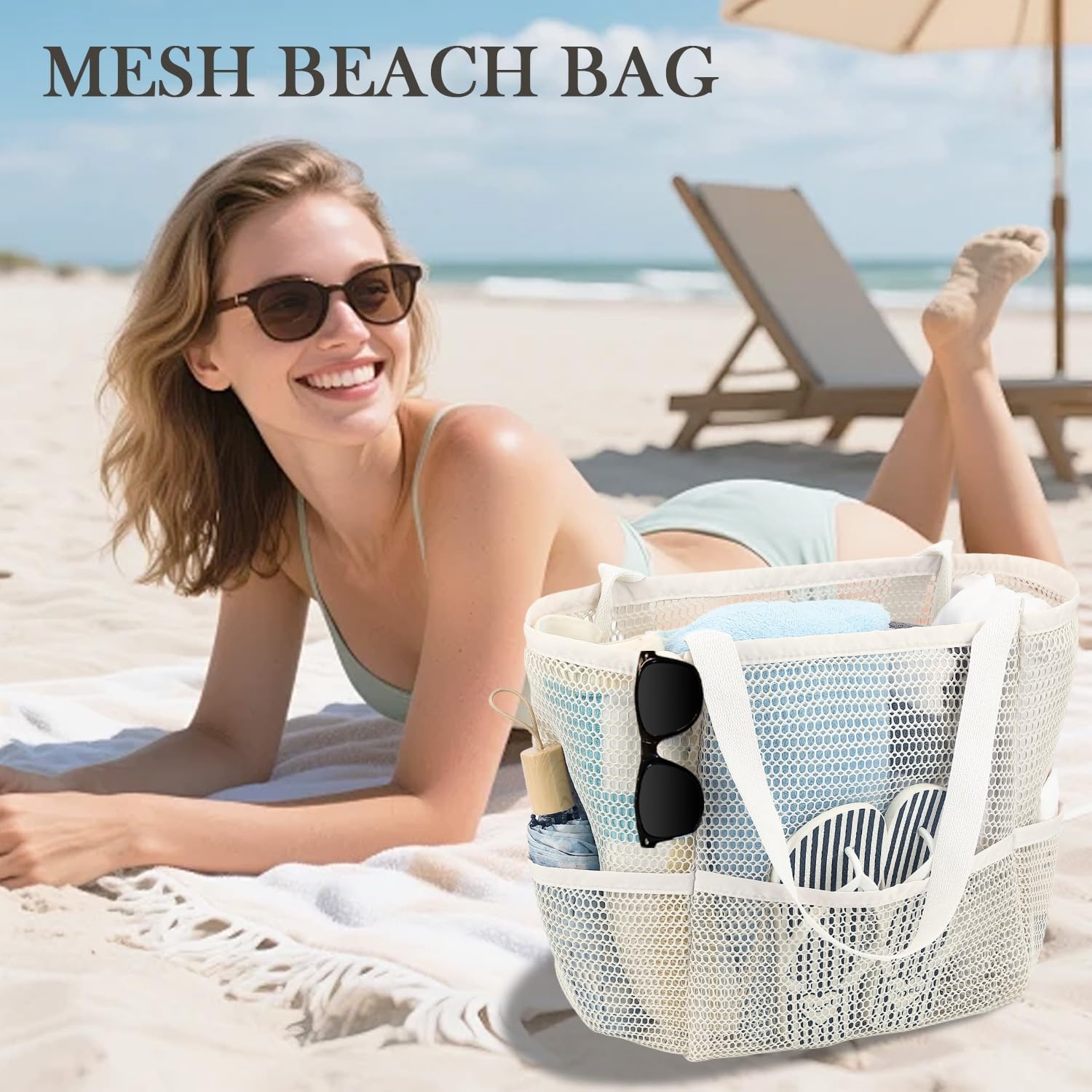 image:imageFammart Mesh Beach Bag for Women Summer Straw Tote Hobo Pool Bags with Zipper Pocket Travel Vacation Cruise Essentials 2026Multipocket Beige