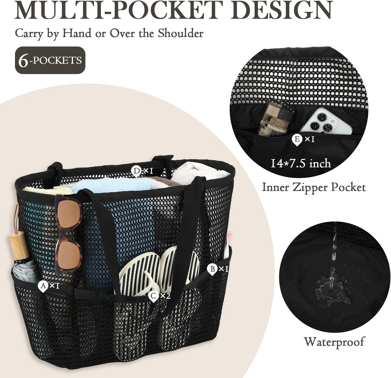 image:imageFammart Mesh Beach Bag for Women Summer Straw Tote Hobo Pool Bags with Zipper Pocket Travel Vacation Cruise Essentials 2026Multipocket Black