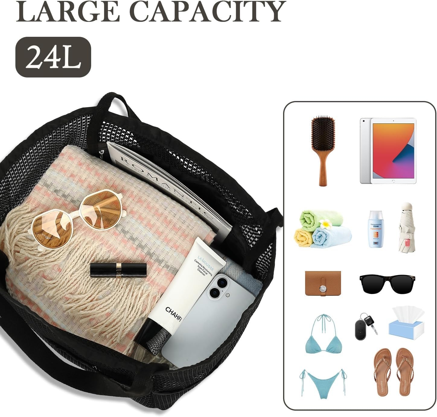image:imageFammart Mesh Beach Bag for Women Summer Straw Tote Hobo Pool Bags with Zipper Pocket Travel Vacation Cruise Essentials 2026Multipocket Black