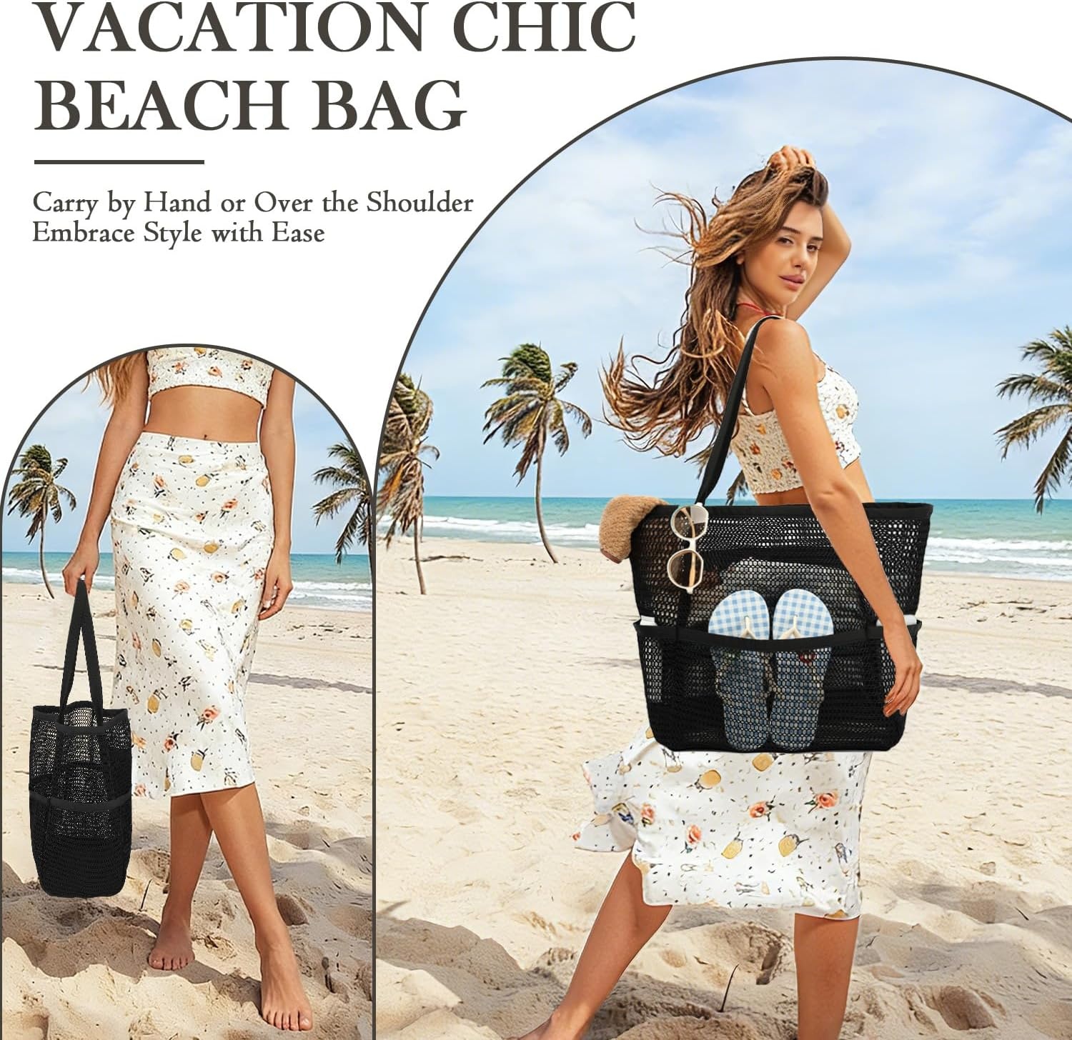 image:imageFammart Mesh Beach Bag for Women Summer Straw Tote Hobo Pool Bags with Zipper Pocket Travel Vacation Cruise Essentials 2026Multipocket Black