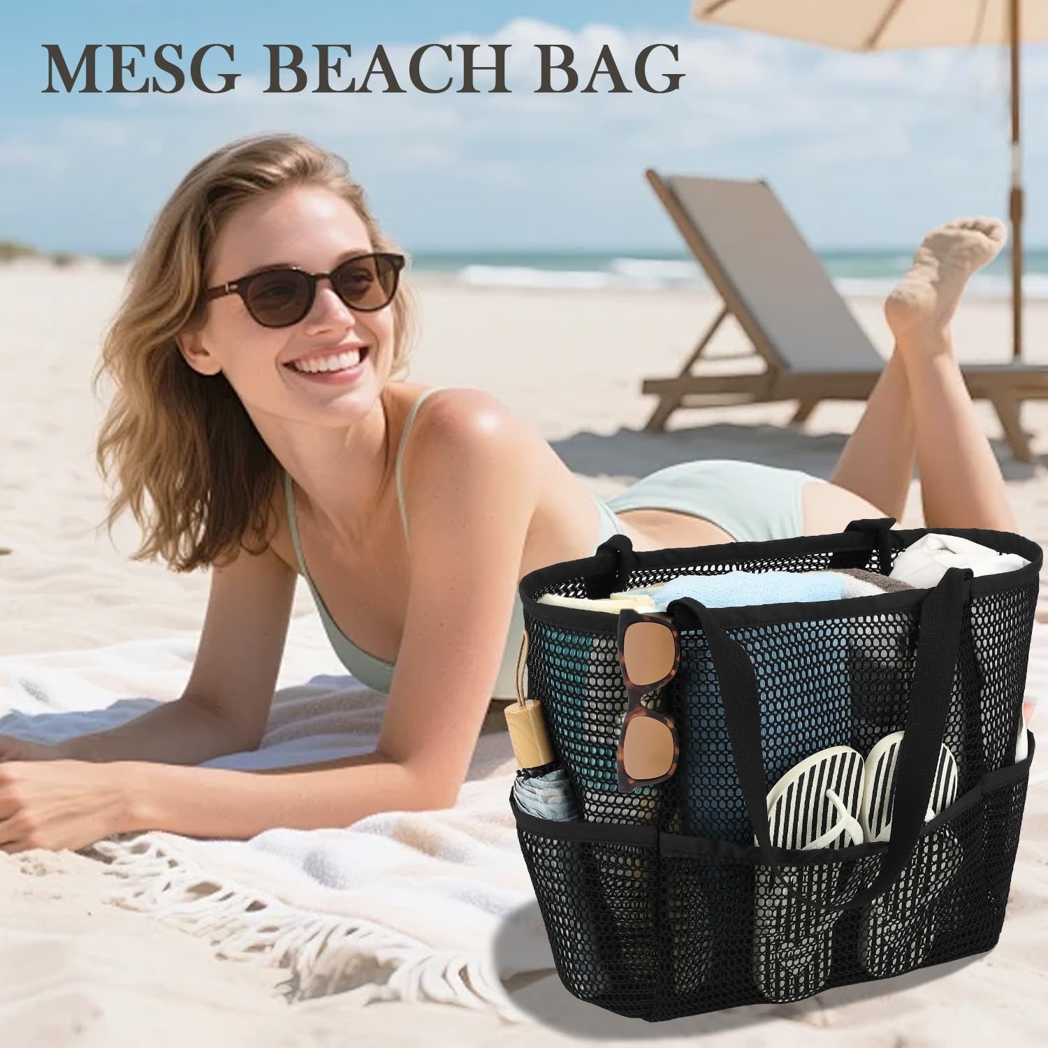 image:imageFammart Mesh Beach Bag for Women Summer Straw Tote Hobo Pool Bags with Zipper Pocket Travel Vacation Cruise Essentials 2026Multipocket Black