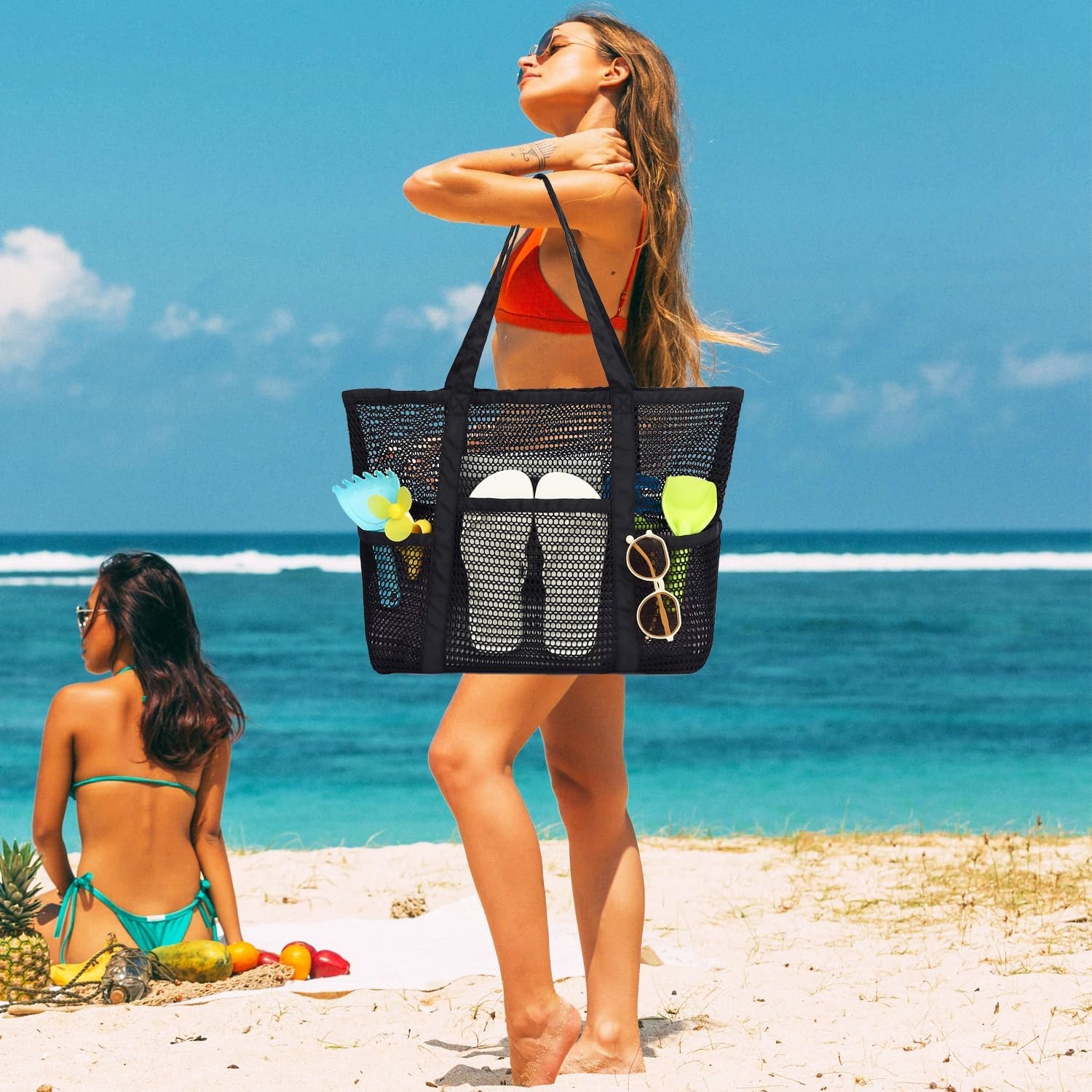 image:imageFammart Mesh Beach Bag for Women Summer Straw Tote Hobo Pool Bags with Zipper Pocket Travel Vacation Cruise Essentials 2026Multipocket B Black