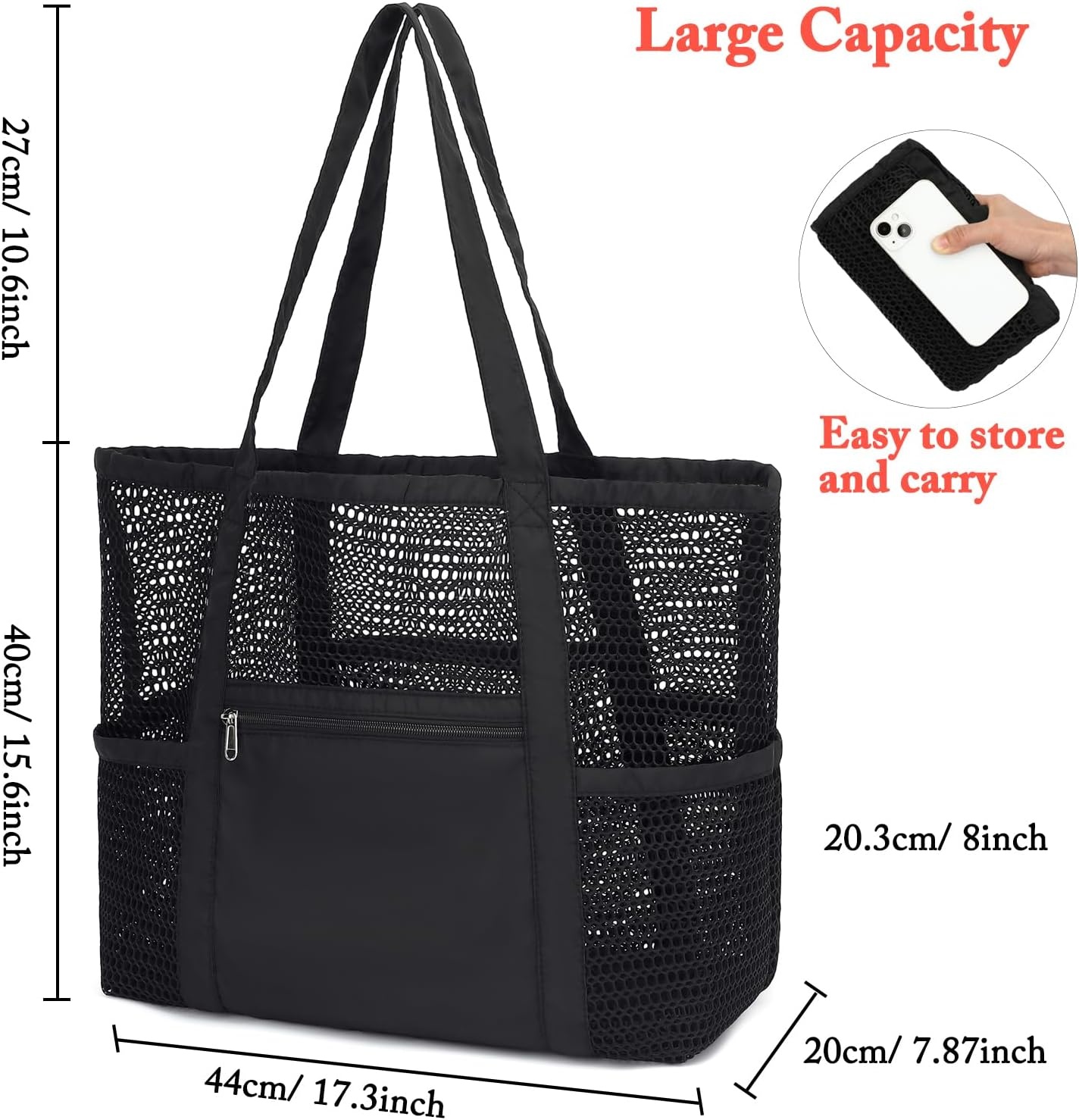 image:imageFammart Mesh Beach Bag for Women Summer Straw Tote Hobo Pool Bags with Zipper Pocket Travel Vacation Cruise Essentials 2026Multipocket B Black
