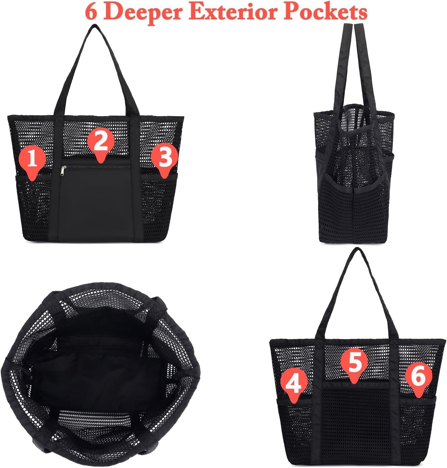 image:imageFammart Mesh Beach Bag for Women Summer Straw Tote Hobo Pool Bags with Zipper Pocket Travel Vacation Cruise Essentials 2026Multipocket B Black