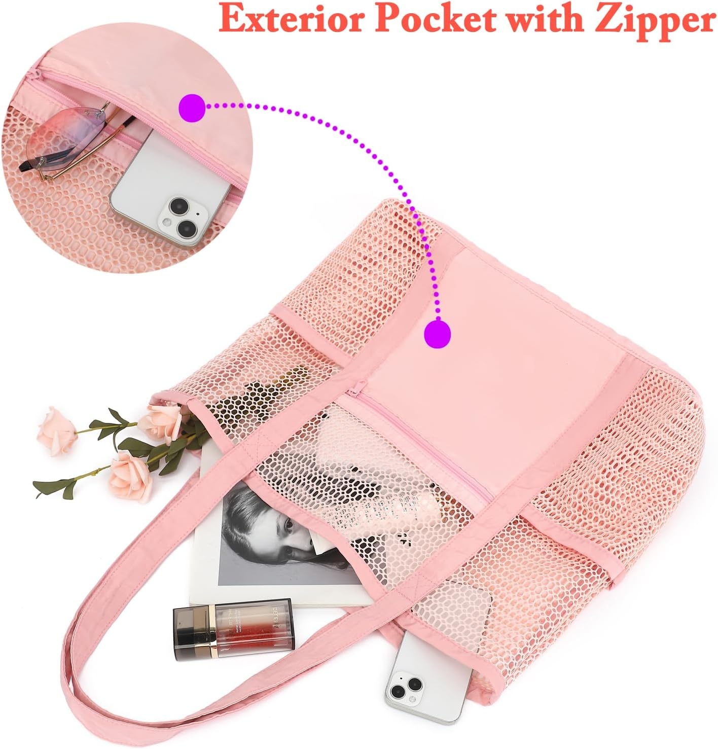 image:imageFammart Mesh Beach Bag for Women Summer Straw Tote Hobo Pool Bags with Zipper Pocket Travel Vacation Cruise Essentials 2026Multipocket B Pink