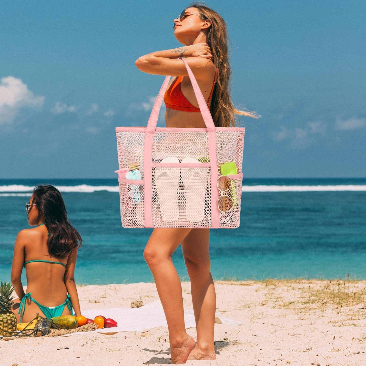image:imageFammart Mesh Beach Bag for Women Summer Straw Tote Hobo Pool Bags with Zipper Pocket Travel Vacation Cruise Essentials 2026Multipocket B Pink