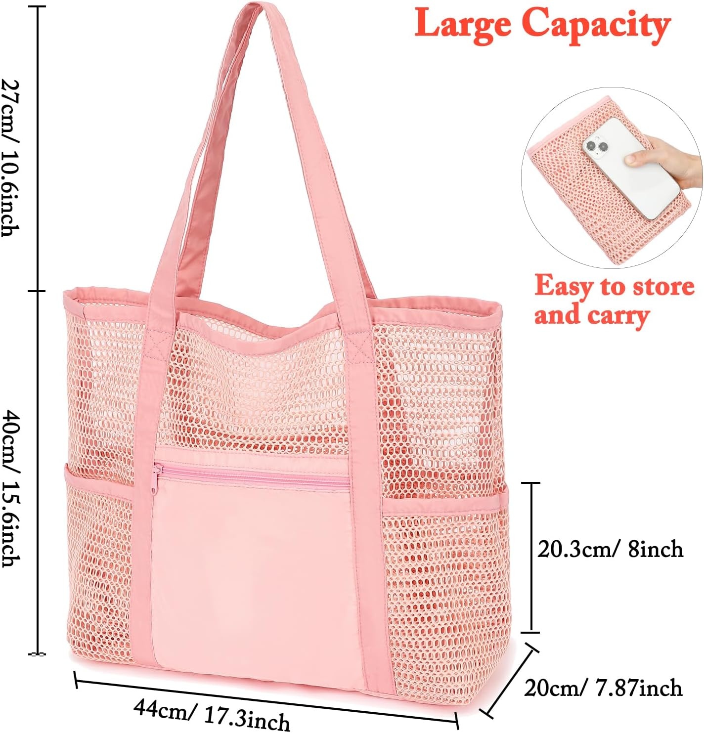 image:imageFammart Mesh Beach Bag for Women Summer Straw Tote Hobo Pool Bags with Zipper Pocket Travel Vacation Cruise Essentials 2026Multipocket B Pink
