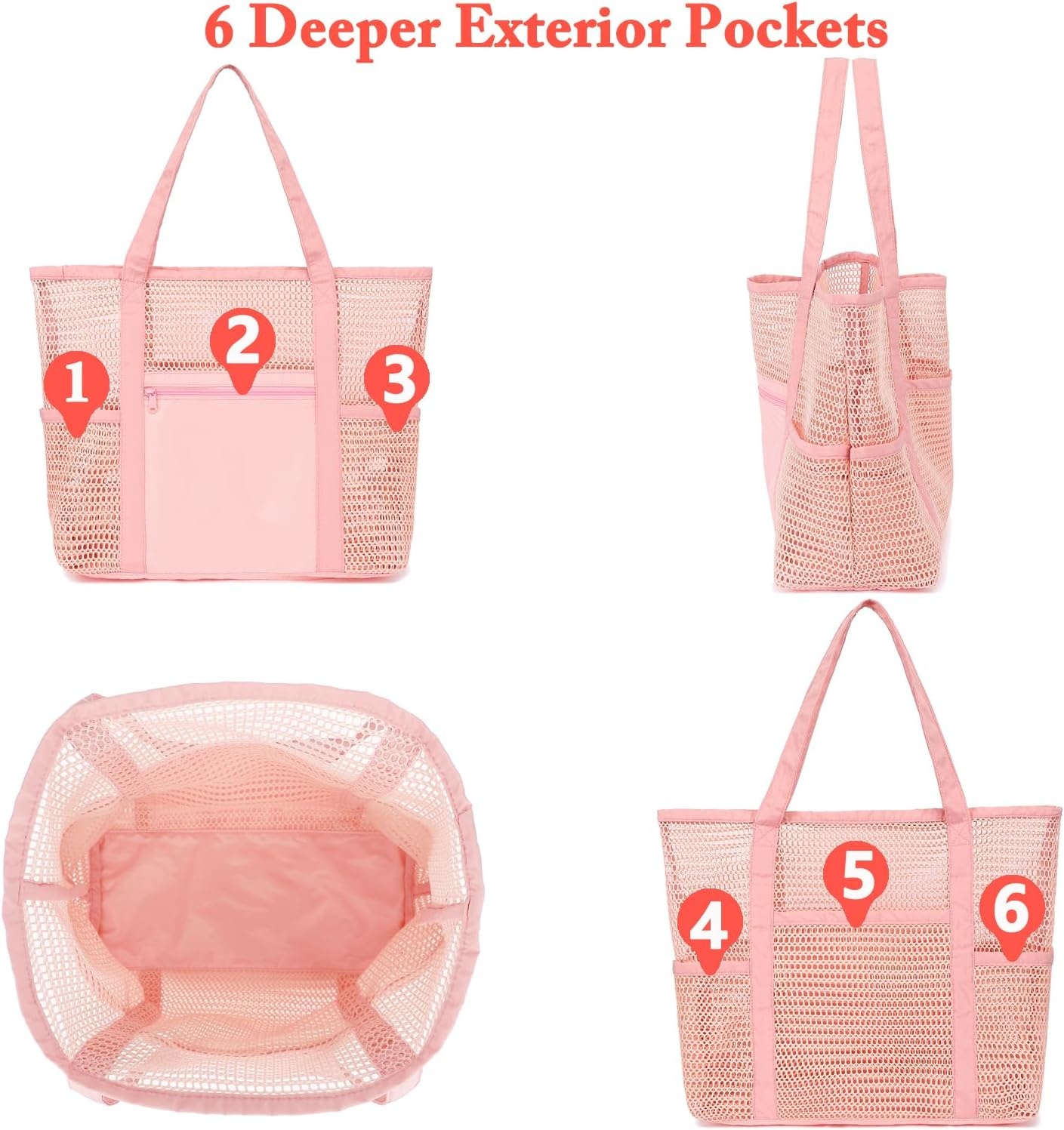 image:imageFammart Mesh Beach Bag for Women Summer Straw Tote Hobo Pool Bags with Zipper Pocket Travel Vacation Cruise Essentials 2026Multipocket B Pink