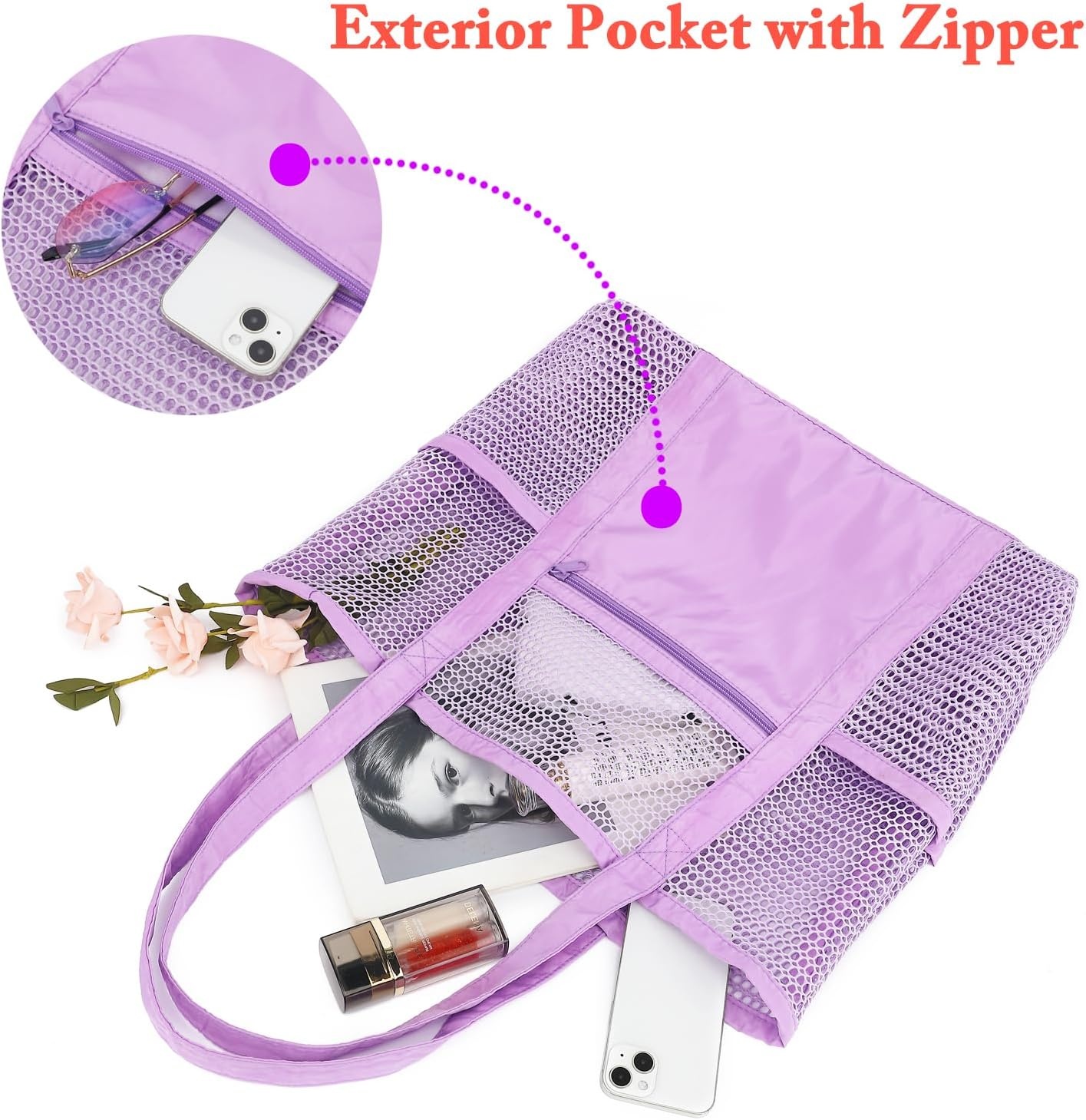 image:imageFammart Mesh Beach Bag for Women Summer Straw Tote Hobo Pool Bags with Zipper Pocket Travel Vacation Cruise Essentials 2026Multipocket B Purple