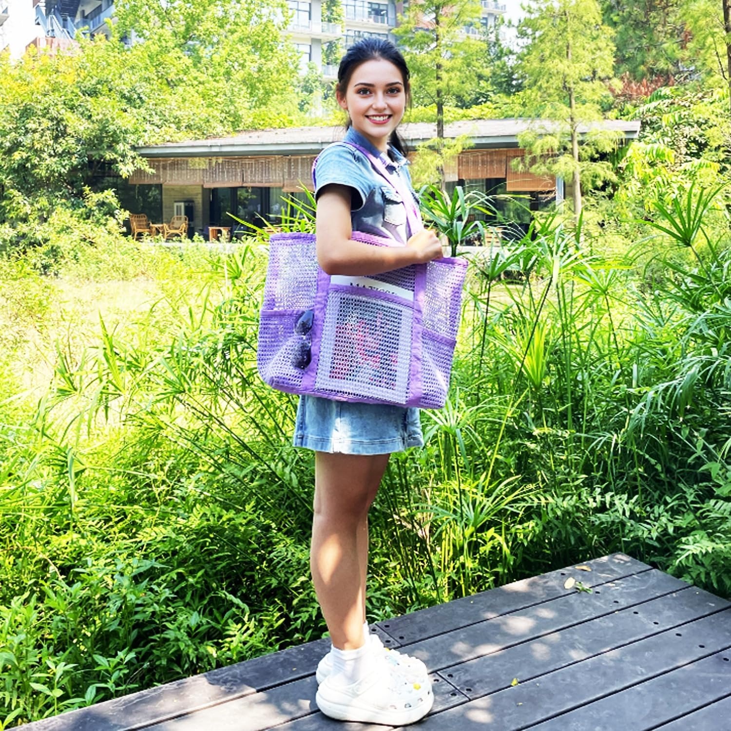image:imageFammart Mesh Beach Bag for Women Summer Straw Tote Hobo Pool Bags with Zipper Pocket Travel Vacation Cruise Essentials 2026Multipocket B Purple