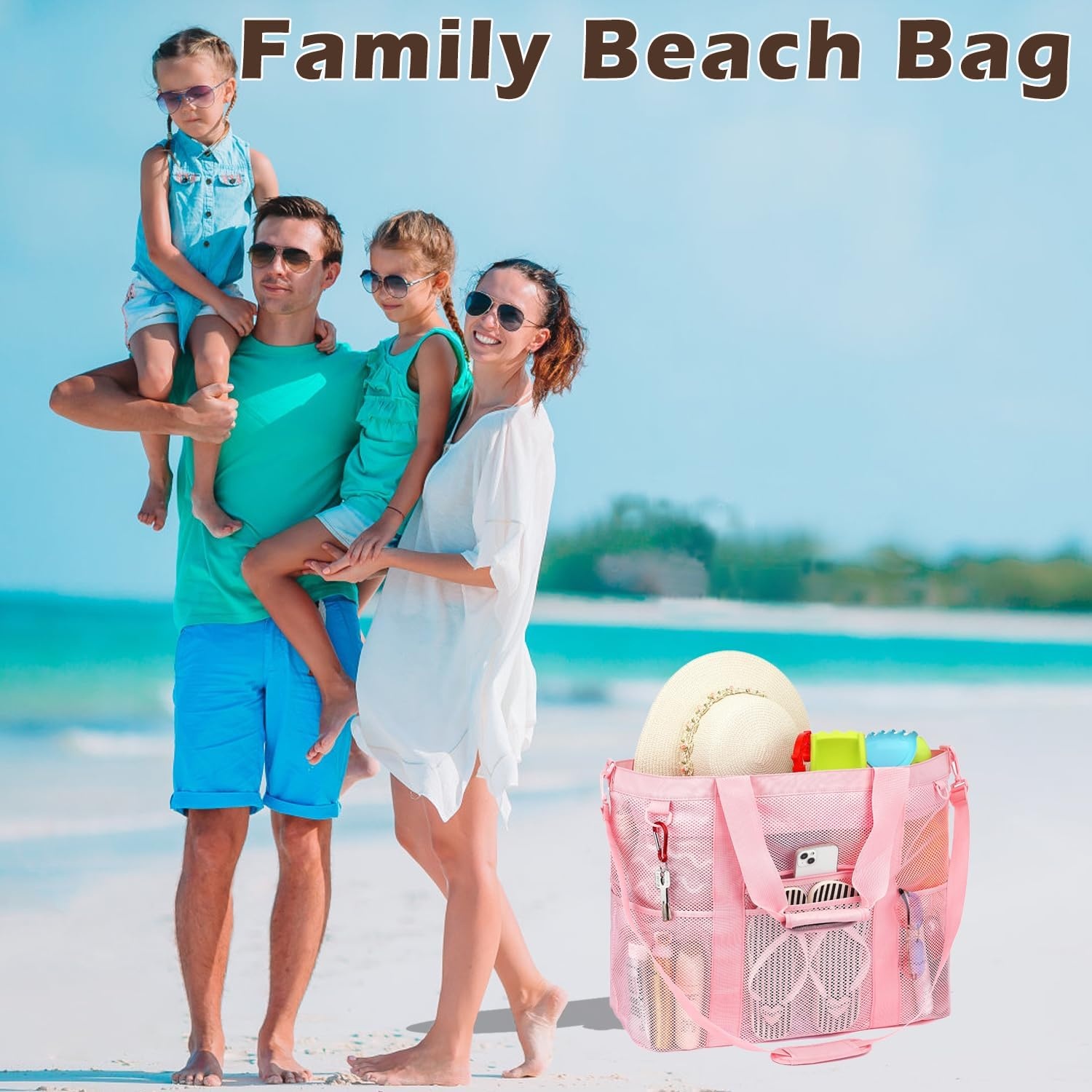 image:imageFammart Mesh Beach Bag with Zipper for Women Large Beach Tote Sandproof Toys Pool Swim Bag Travel Vacation Cruise EssentialsExtra Large Zipper Closure Pink
