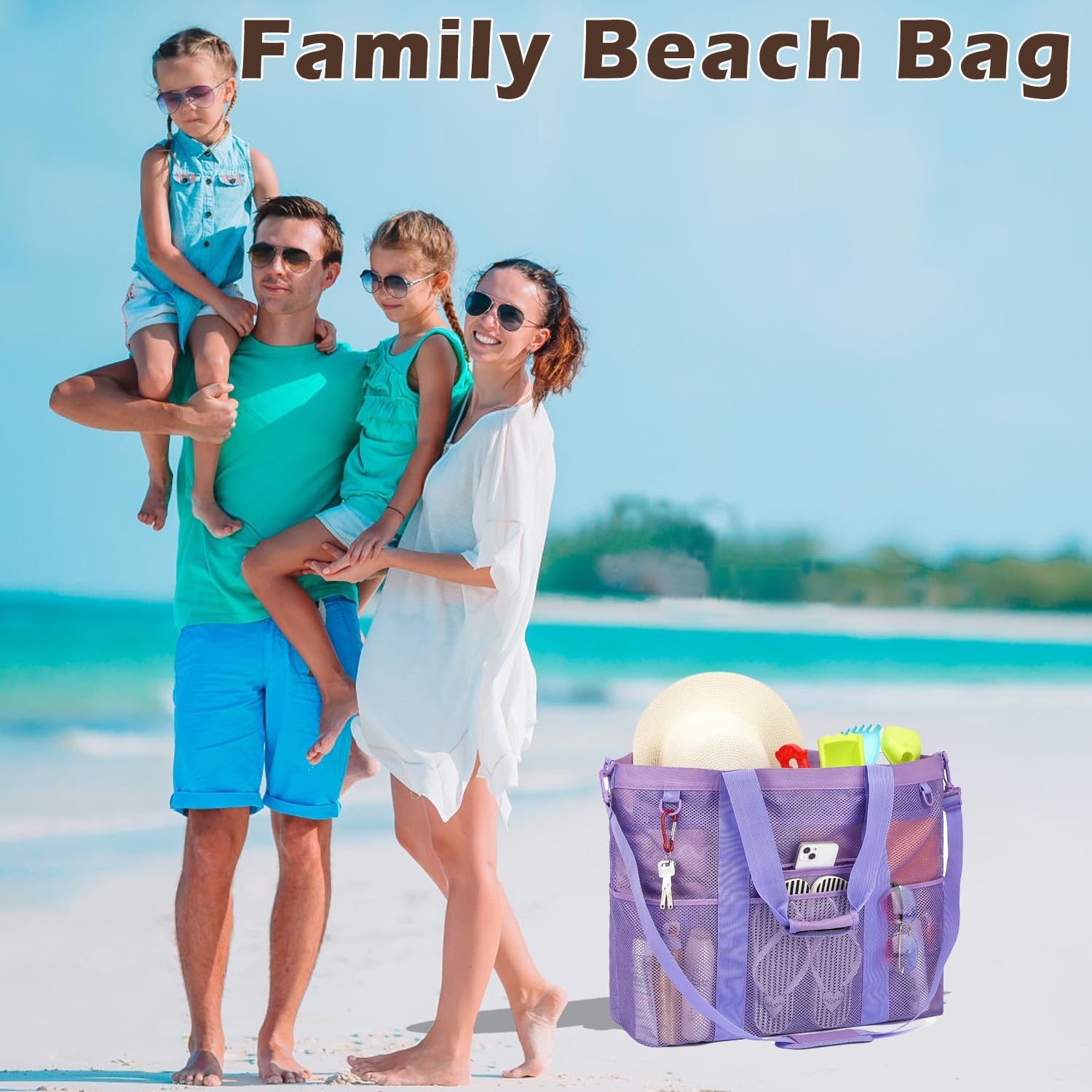 image:imageFammart Mesh Beach Bag with Zipper for Women Large Beach Tote Sandproof Toys Pool Swim Bag Travel Vacation Cruise EssentialsExtra Large Zipper Closure Purple