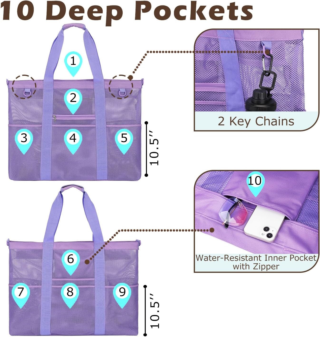 image:imageFammart Mesh Beach Bag with Zipper for Women Large Beach Tote Sandproof Toys Pool Swim Bag Travel Vacation Cruise EssentialsExtra Large Zipper Closure Purple