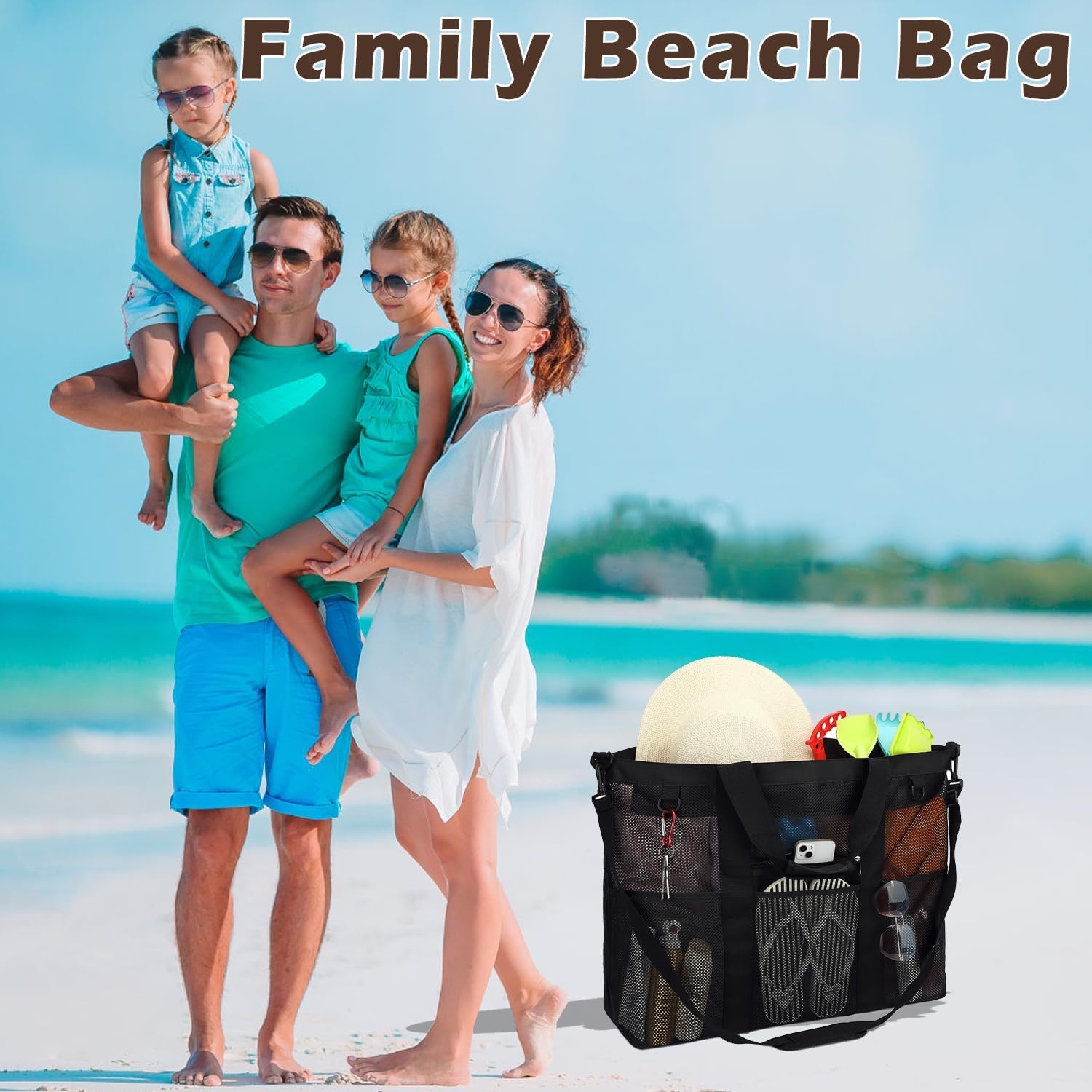 image:imageFammart Mesh Beach Bag with Zipper for Women Large Beach Tote Sandproof Toys Pool Swim Bag Travel Vacation Cruise EssentialsExtra Large Zipper Closure Black