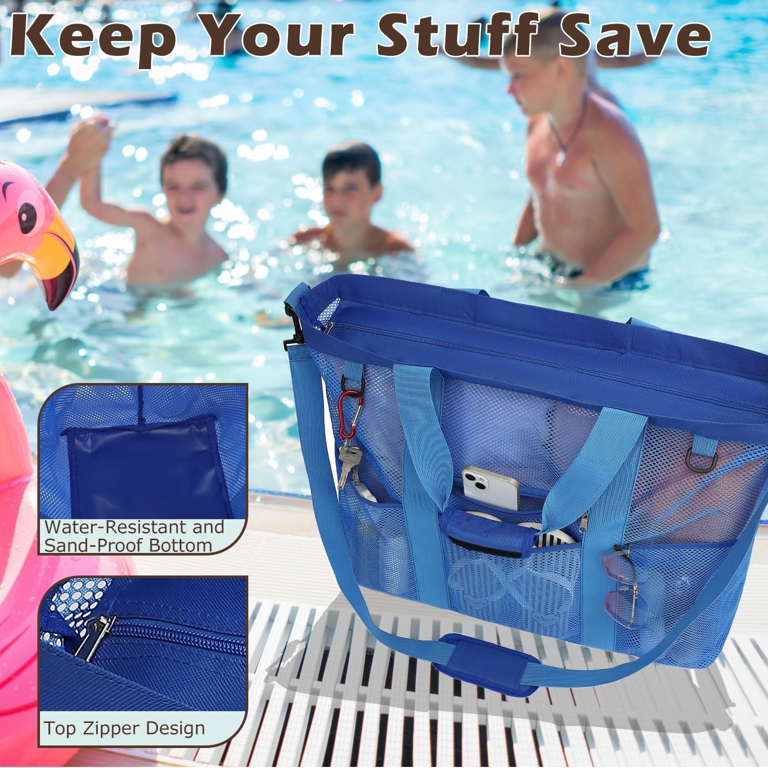 image:imageFammart Mesh Beach Bag with Zipper for Women Large Beach Tote Sandproof Toys Pool Swim Bag Travel Vacation Cruise EssentialsExtra Large Zipper Closure Blue