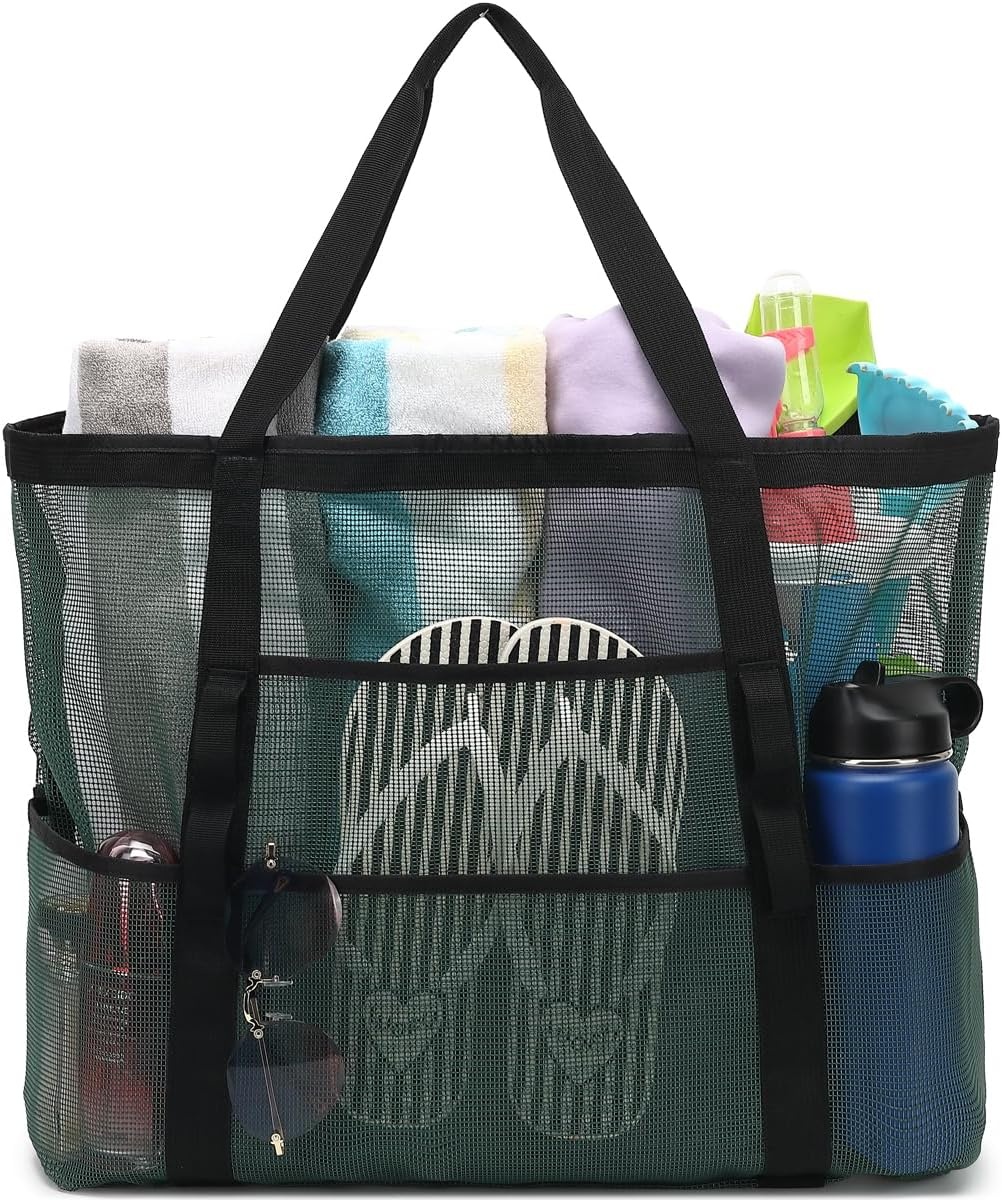 image:imageFammart Mesh Beach Bag with Zipper for Women Large Beach Tote Sandproof Toys Pool Swim Bag Travel Vacation Cruise EssentialsLarge Army Green