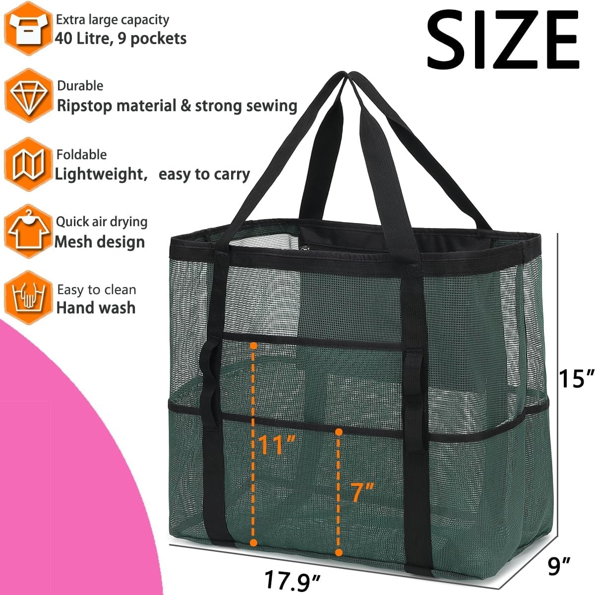 image:imageFammart Mesh Beach Bag with Zipper for Women Large Beach Tote Sandproof Toys Pool Swim Bag Travel Vacation Cruise EssentialsLarge Army Green