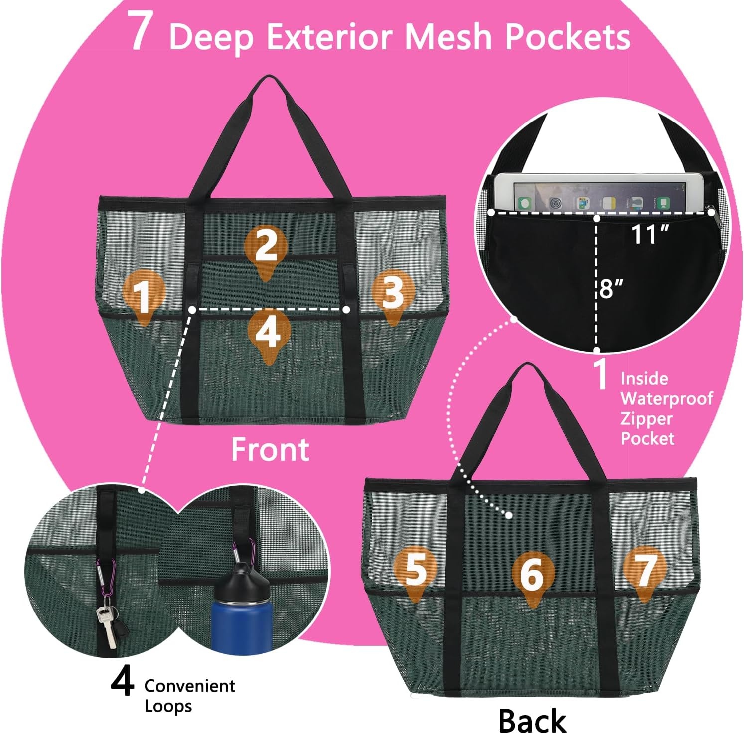 image:imageFammart Mesh Beach Bag with Zipper for Women Large Beach Tote Sandproof Toys Pool Swim Bag Travel Vacation Cruise EssentialsLarge Army Green