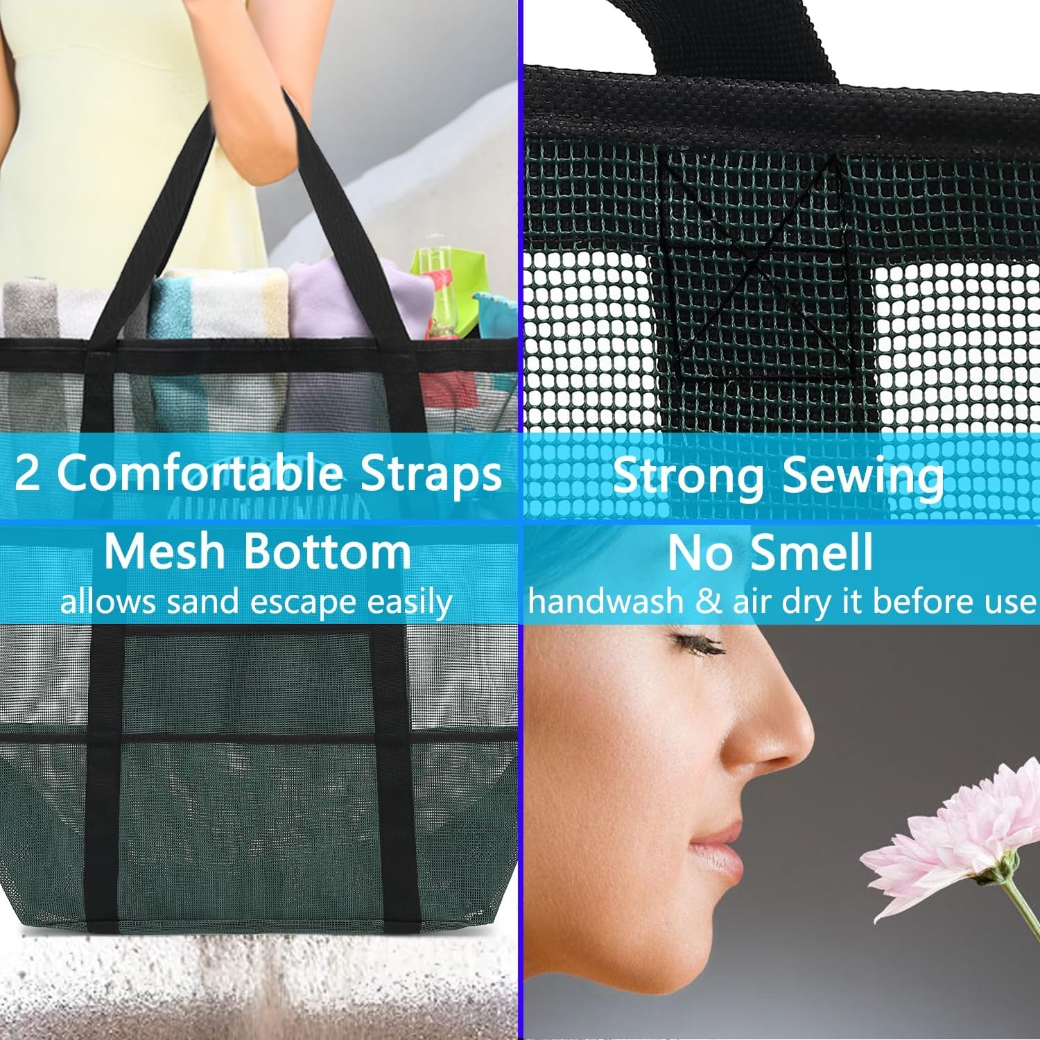 image:imageFammart Mesh Beach Bag with Zipper for Women Large Beach Tote Sandproof Toys Pool Swim Bag Travel Vacation Cruise EssentialsLarge Army Green