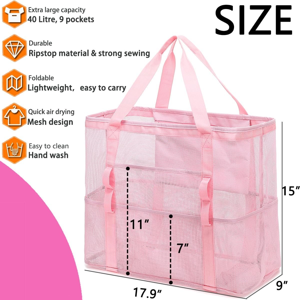 image:imageFammart Mesh Beach Bag with Zipper for Women Large Beach Tote Sandproof Toys Pool Swim Bag Travel Vacation Cruise EssentialsLarge Pink