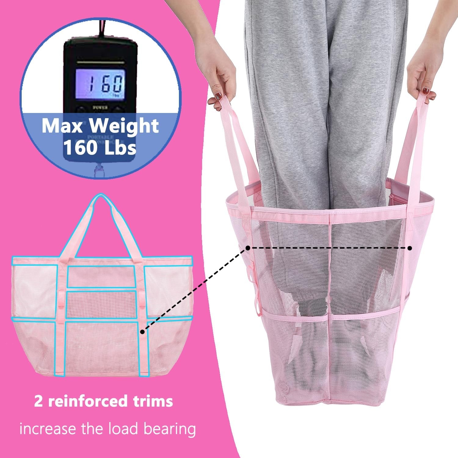 image:imageFammart Mesh Beach Bag with Zipper for Women Large Beach Tote Sandproof Toys Pool Swim Bag Travel Vacation Cruise EssentialsLarge Pink