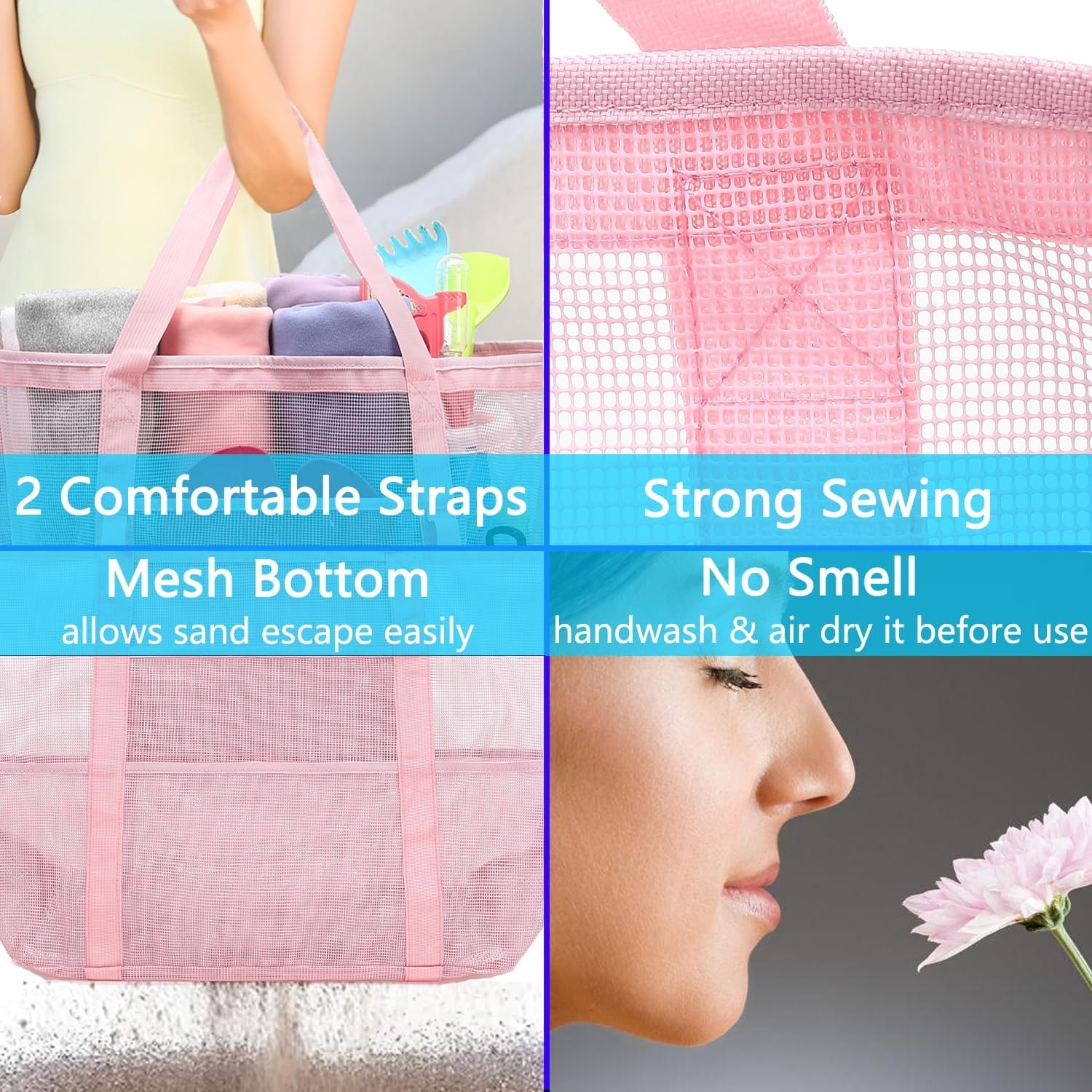 image:imageFammart Mesh Beach Bag with Zipper for Women Large Beach Tote Sandproof Toys Pool Swim Bag Travel Vacation Cruise EssentialsLarge Pink