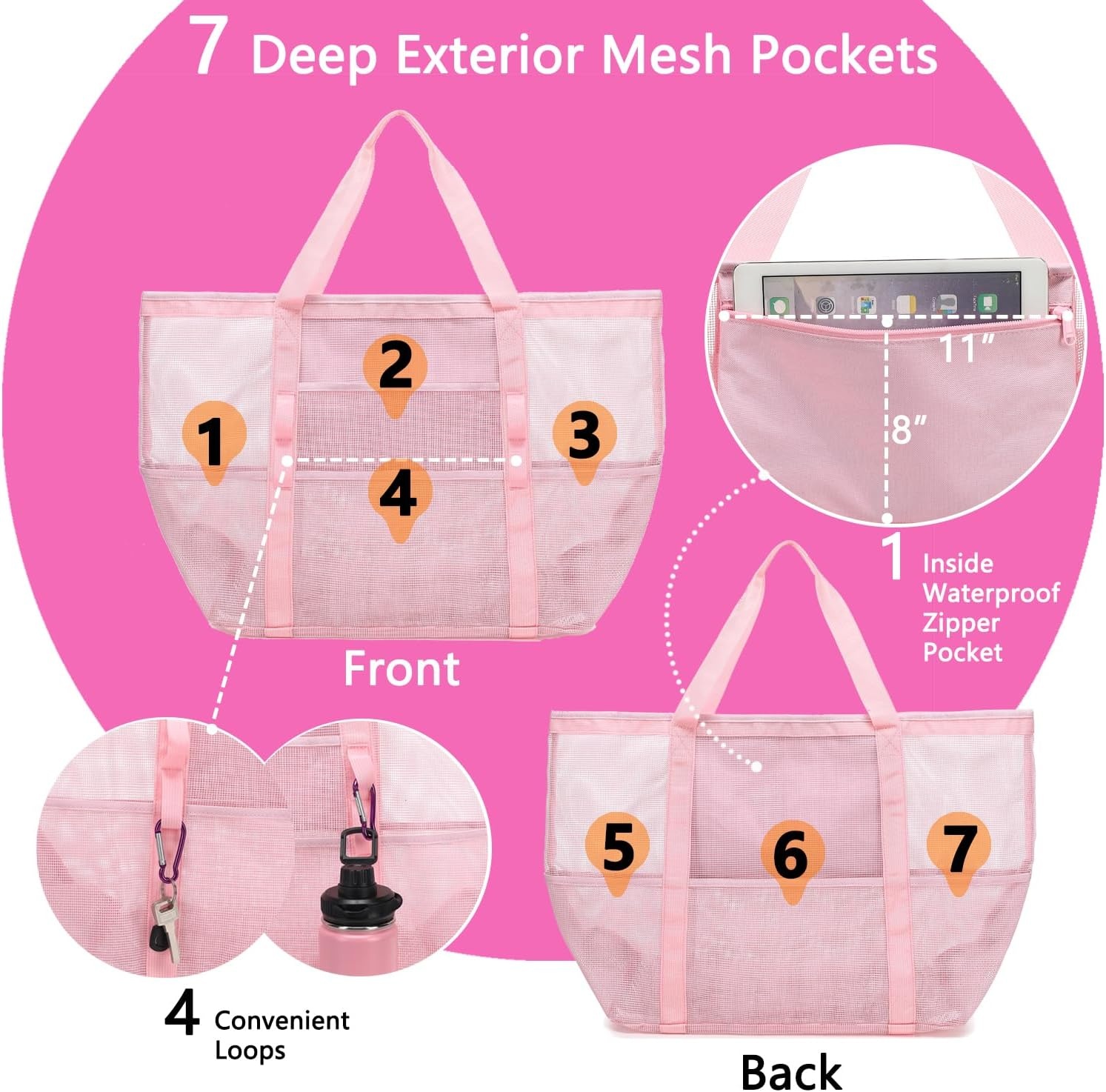 image:imageFammart Mesh Beach Bag with Zipper for Women Large Beach Tote Sandproof Toys Pool Swim Bag Travel Vacation Cruise EssentialsLarge Pink