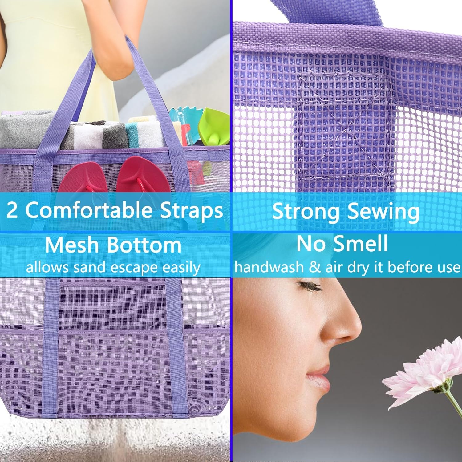 image:imageFammart Mesh Beach Bag with Zipper for Women Large Beach Tote Sandproof Toys Pool Swim Bag Travel Vacation Cruise EssentialsLarge Purple