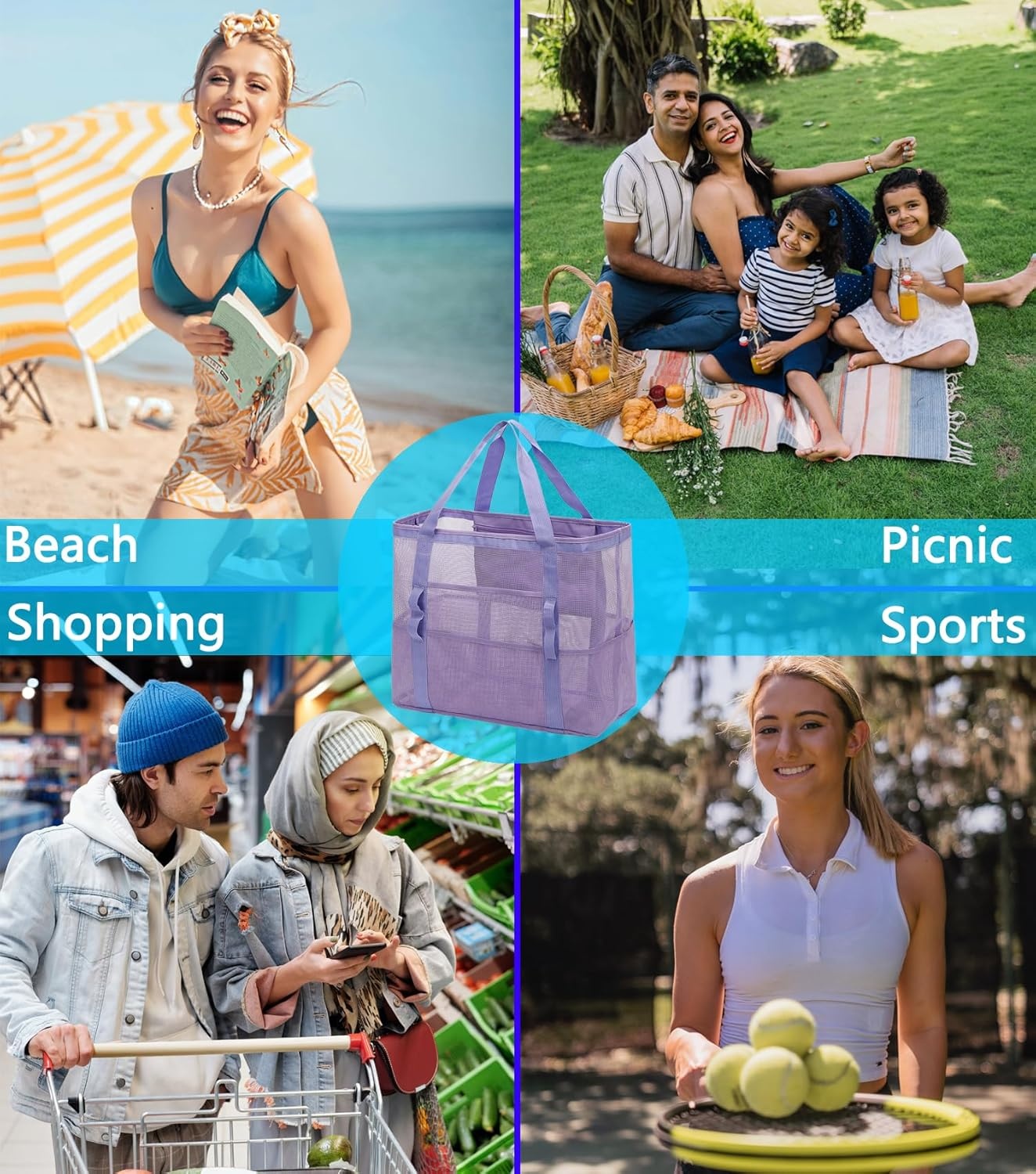 image:imageFammart Mesh Beach Bag with Zipper for Women Large Beach Tote Sandproof Toys Pool Swim Bag Travel Vacation Cruise EssentialsLarge Purple