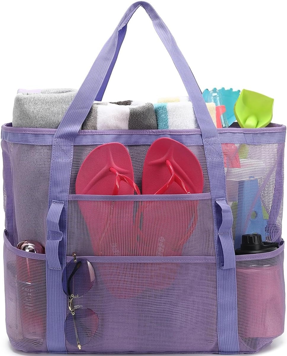 image:imageFammart Mesh Beach Bag with Zipper for Women Large Beach Tote Sandproof Toys Pool Swim Bag Travel Vacation Cruise EssentialsLarge Purple