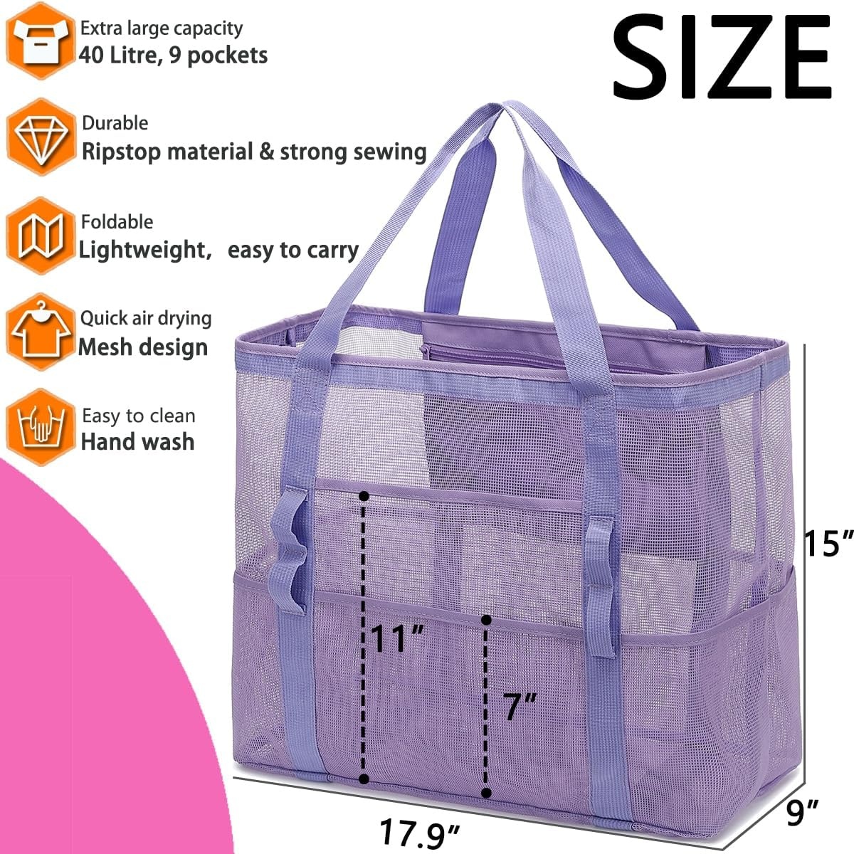 image:imageFammart Mesh Beach Bag with Zipper for Women Large Beach Tote Sandproof Toys Pool Swim Bag Travel Vacation Cruise EssentialsLarge Purple