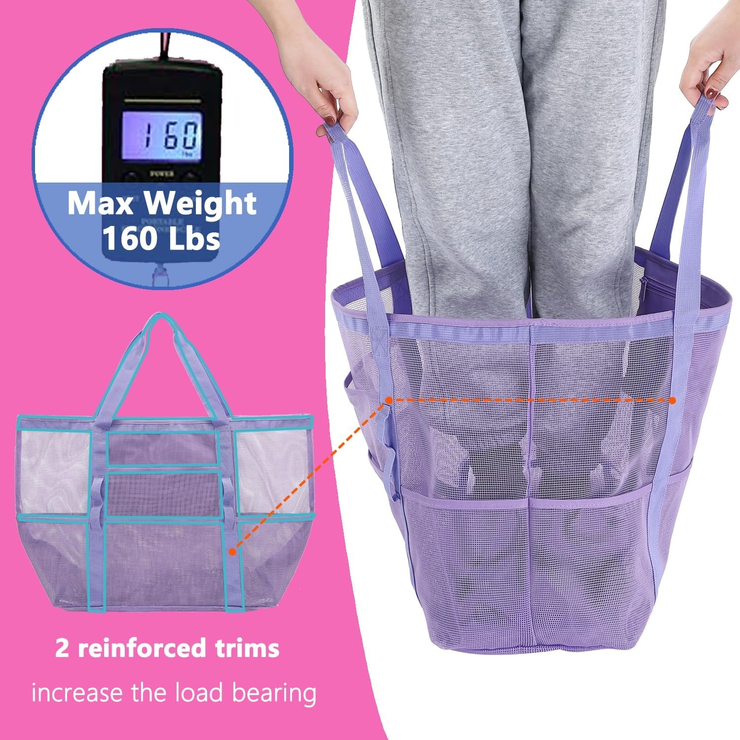 image:imageFammart Mesh Beach Bag with Zipper for Women Large Beach Tote Sandproof Toys Pool Swim Bag Travel Vacation Cruise EssentialsLarge Purple