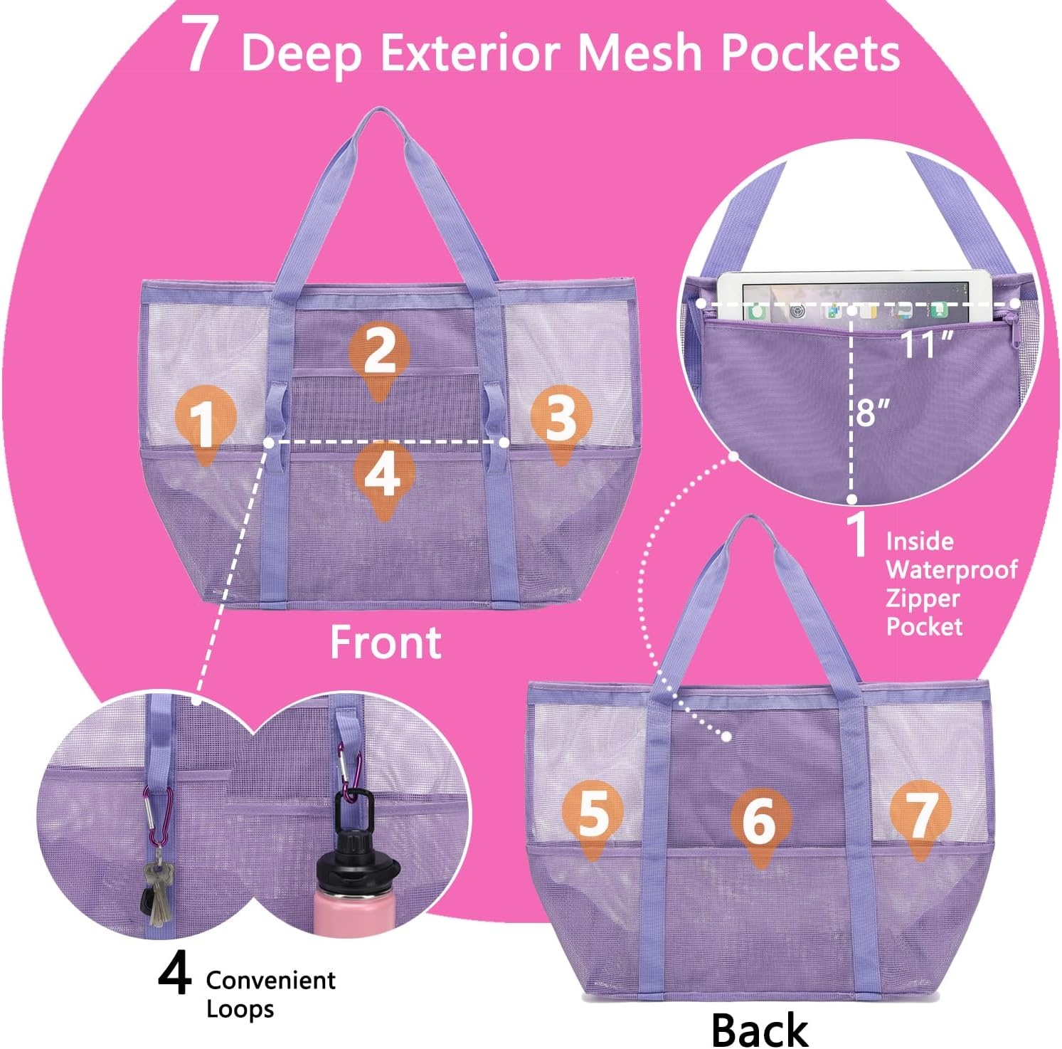 image:imageFammart Mesh Beach Bag with Zipper for Women Large Beach Tote Sandproof Toys Pool Swim Bag Travel Vacation Cruise EssentialsLarge Purple