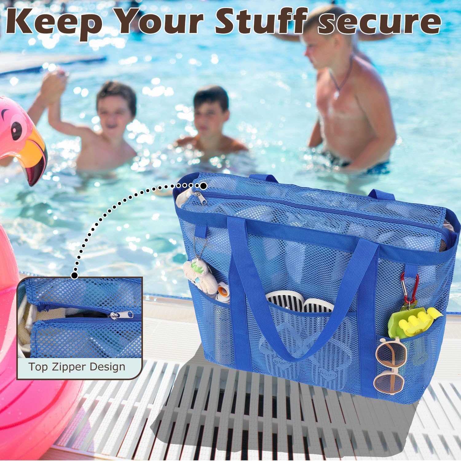 image:imageFammart Mesh Beach Bag with Zipper for Women Large Beach Tote Sandproof Toys Pool Swim Bag Travel Vacation Cruise EssentialsLarge Zipper Closure Blue