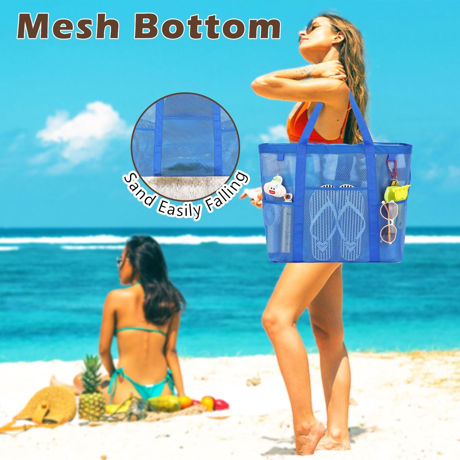 image:imageFammart Mesh Beach Bag with Zipper for Women Large Beach Tote Sandproof Toys Pool Swim Bag Travel Vacation Cruise EssentialsLarge Zipper Closure Blue