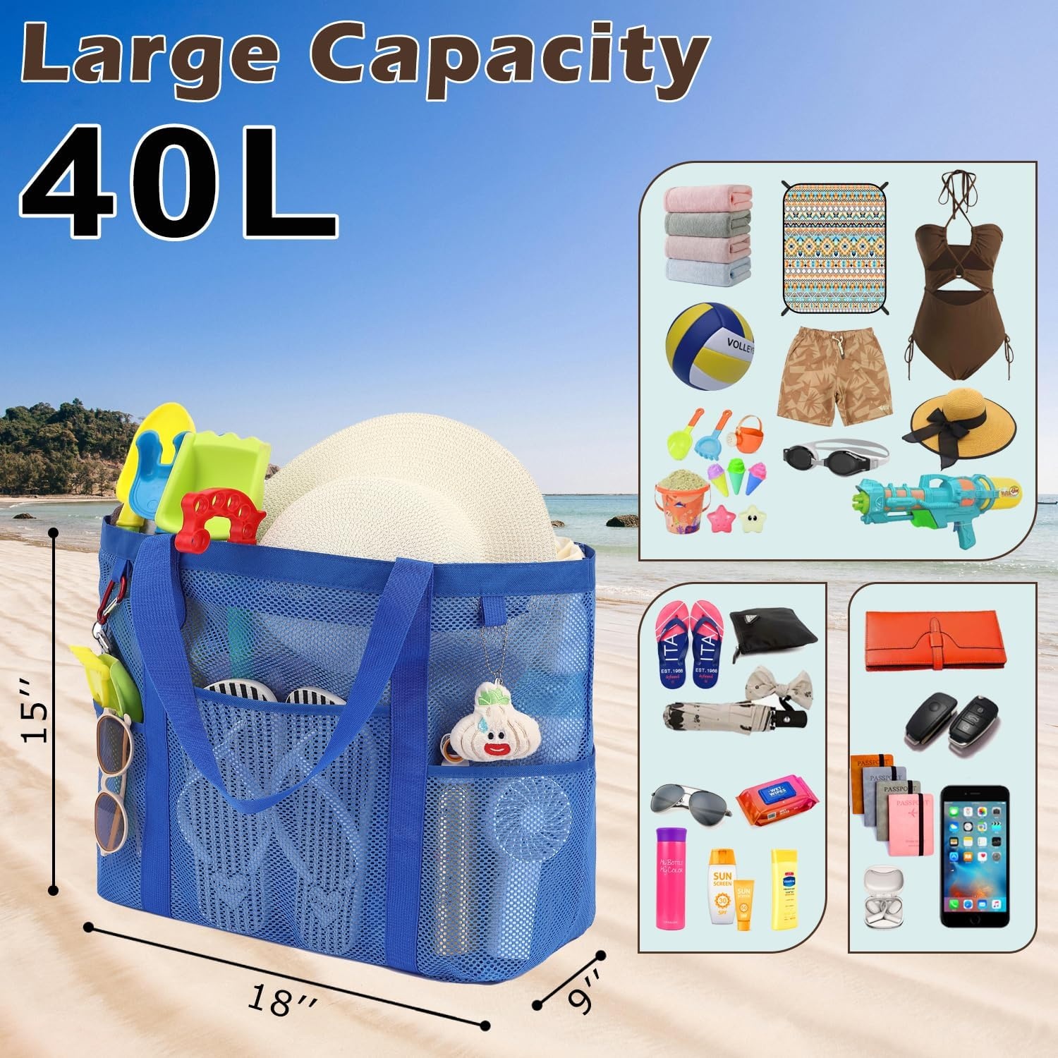 image:imageFammart Mesh Beach Bag with Zipper for Women Large Beach Tote Sandproof Toys Pool Swim Bag Travel Vacation Cruise EssentialsLarge Zipper Closure Blue