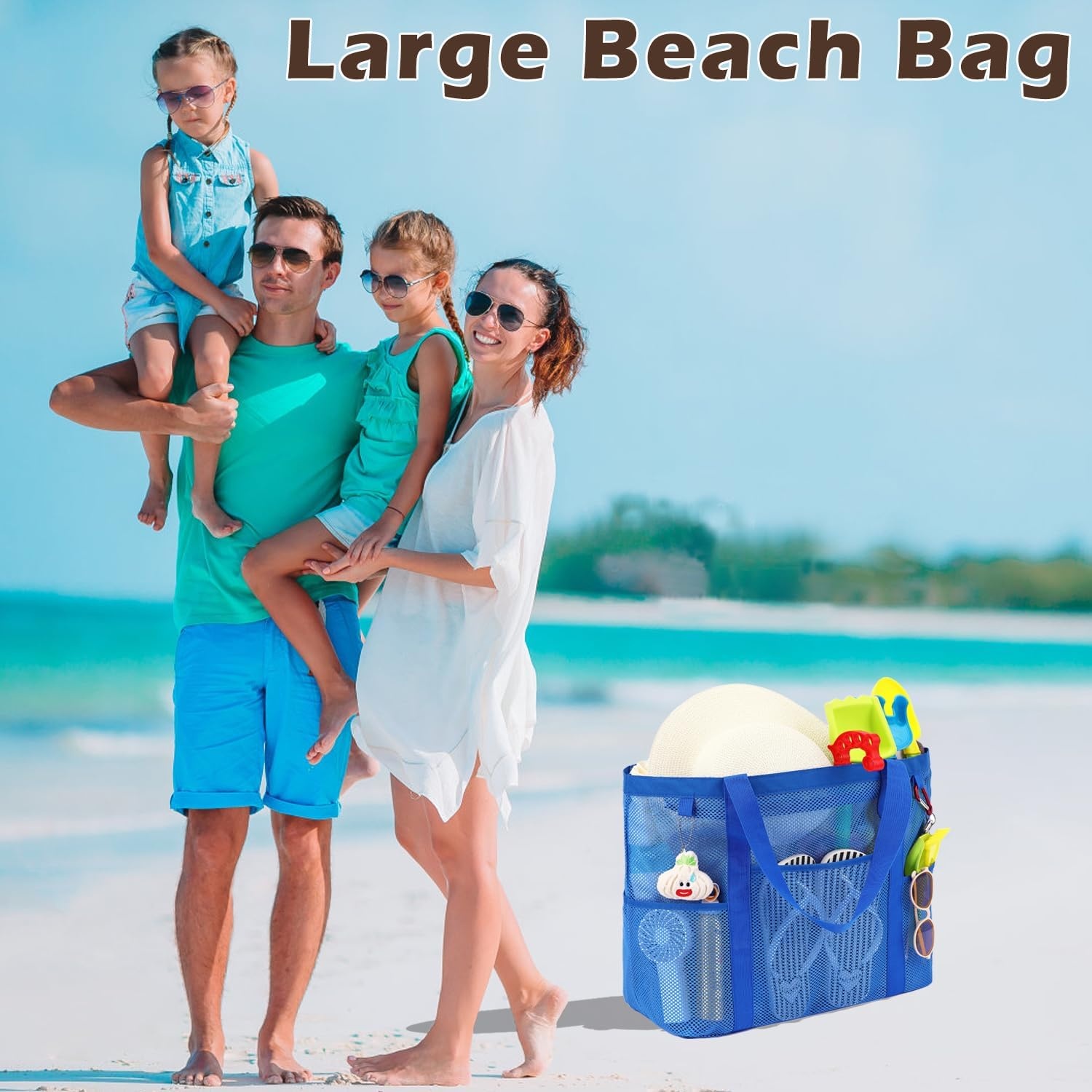 image:imageFammart Mesh Beach Bag with Zipper for Women Large Beach Tote Sandproof Toys Pool Swim Bag Travel Vacation Cruise EssentialsLarge Zipper Closure Blue