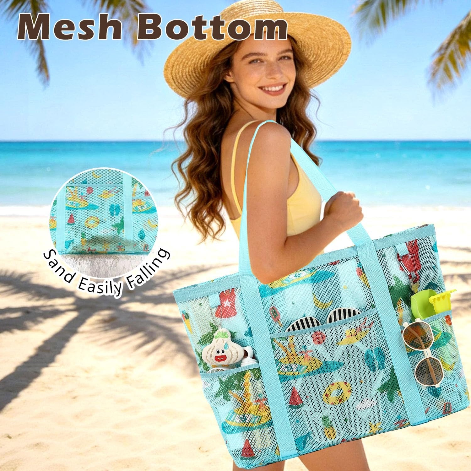 image:imageFammart Mesh Beach Bag with Zipper for Women Large Beach Tote Sandproof Toys Pool Swim Bag Travel Vacation Cruise EssentialsLarge Zipper Closure Coconut Tree