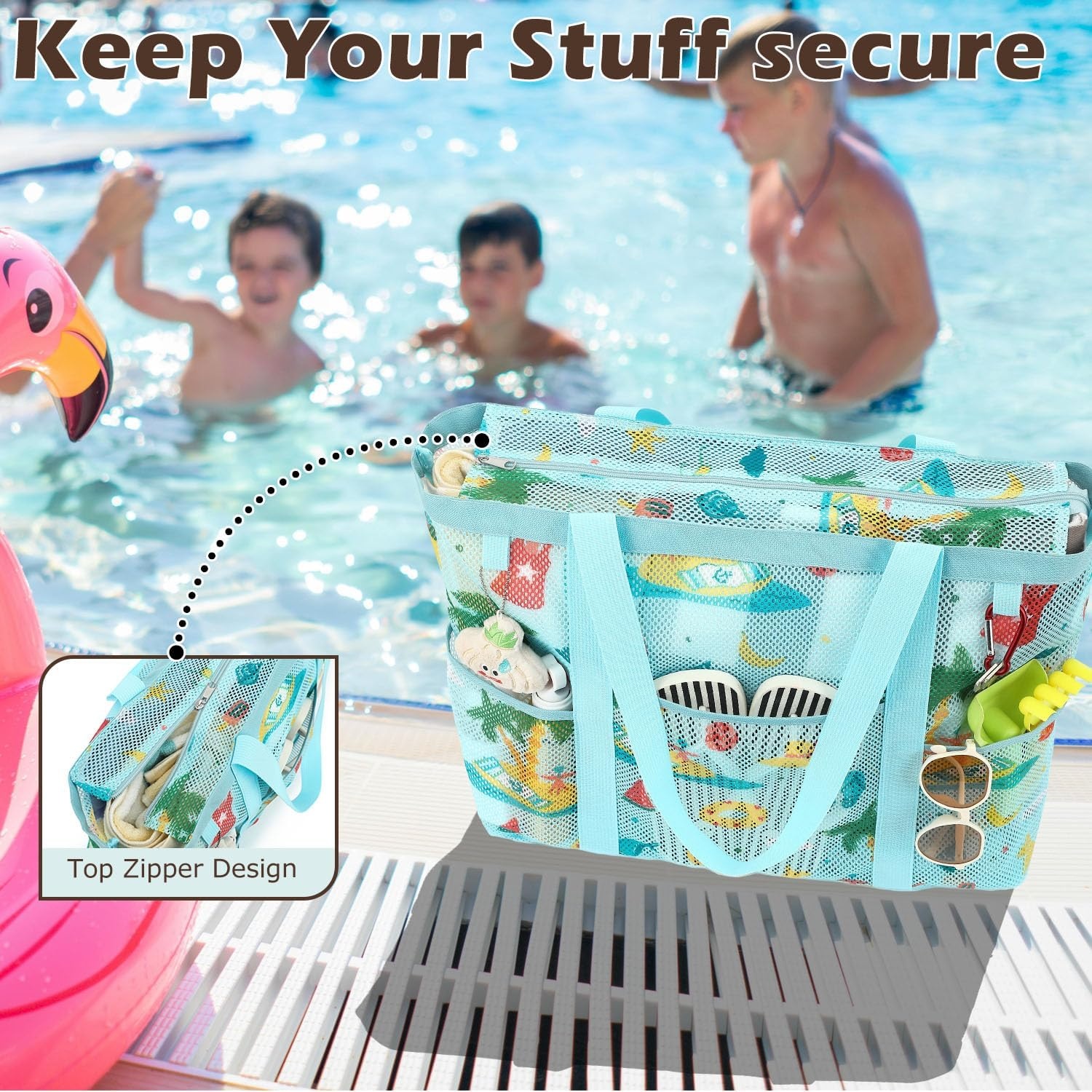 image:imageFammart Mesh Beach Bag with Zipper for Women Large Beach Tote Sandproof Toys Pool Swim Bag Travel Vacation Cruise EssentialsLarge Zipper Closure Coconut Tree