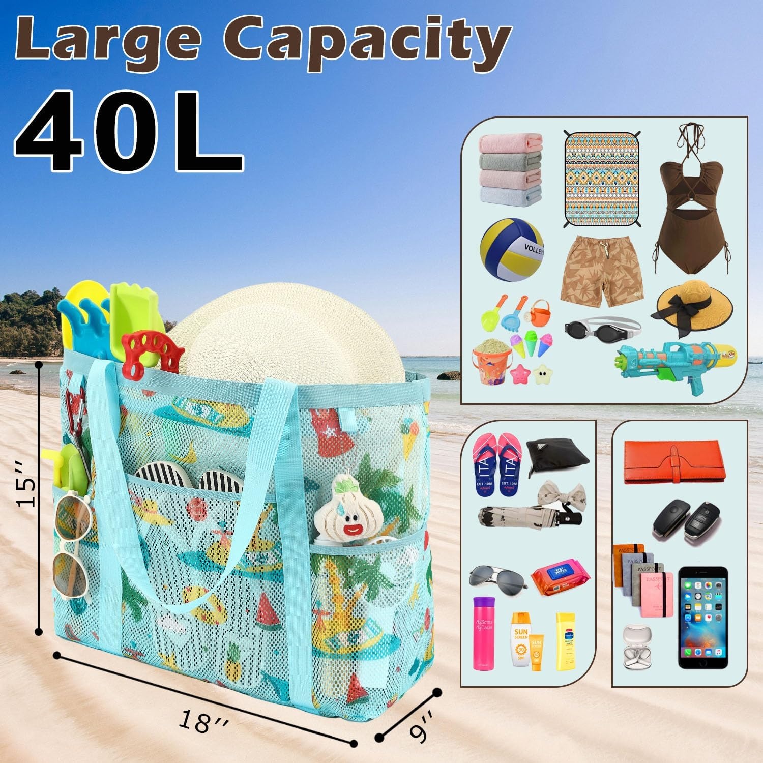 image:imageFammart Mesh Beach Bag with Zipper for Women Large Beach Tote Sandproof Toys Pool Swim Bag Travel Vacation Cruise EssentialsLarge Zipper Closure Coconut Tree