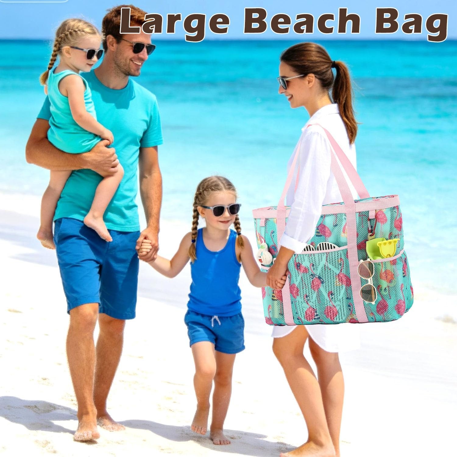 image:imageFammart Mesh Beach Bag with Zipper for Women Large Beach Tote Sandproof Toys Pool Swim Bag Travel Vacation Cruise EssentialsLarge Zipper Closure Flamingo