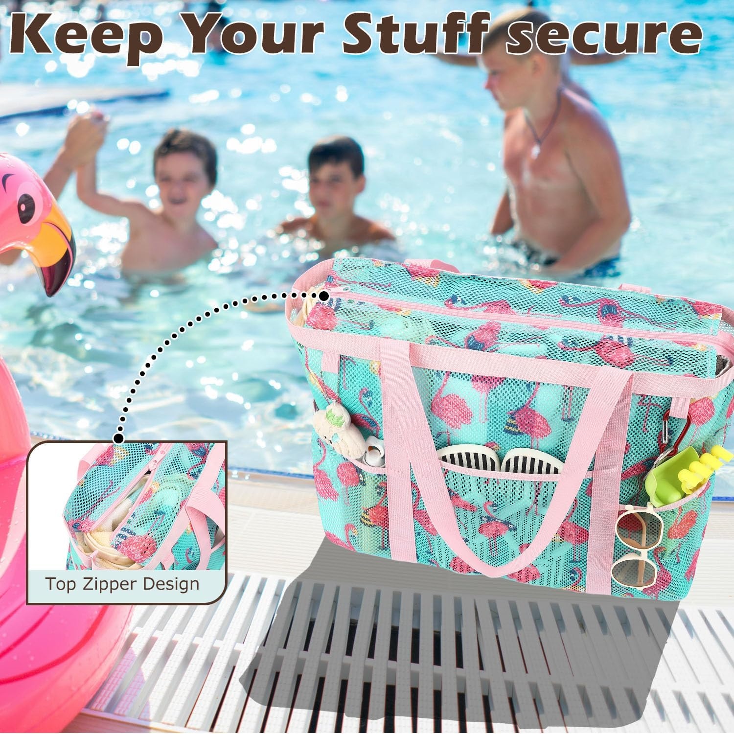 image:imageFammart Mesh Beach Bag with Zipper for Women Large Beach Tote Sandproof Toys Pool Swim Bag Travel Vacation Cruise EssentialsLarge Zipper Closure Flamingo