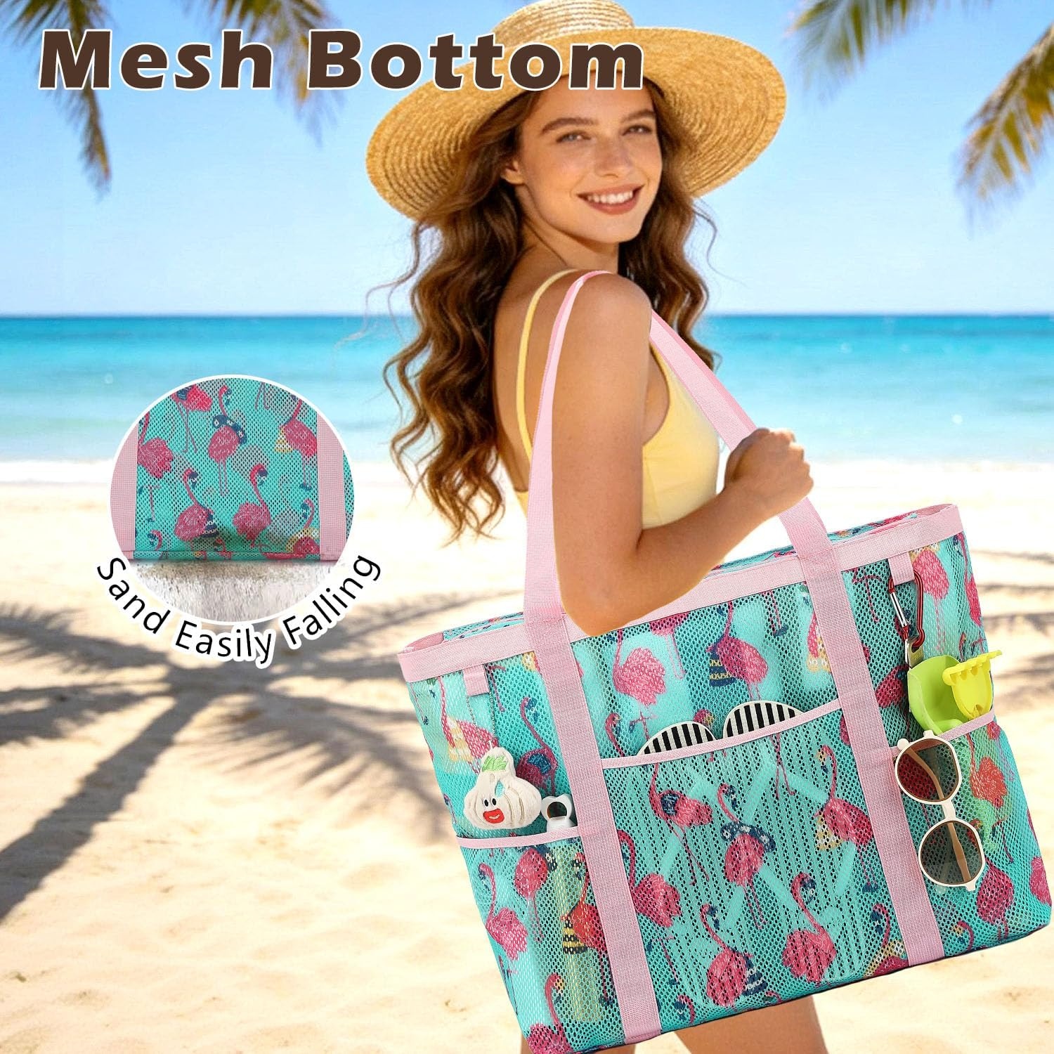 image:imageFammart Mesh Beach Bag with Zipper for Women Large Beach Tote Sandproof Toys Pool Swim Bag Travel Vacation Cruise EssentialsLarge Zipper Closure Flamingo