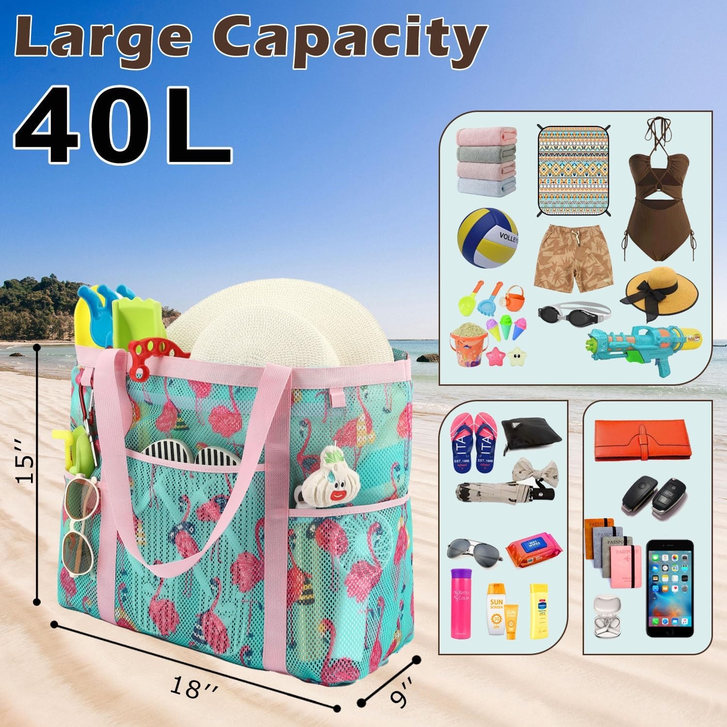 image:imageFammart Mesh Beach Bag with Zipper for Women Large Beach Tote Sandproof Toys Pool Swim Bag Travel Vacation Cruise EssentialsLarge Zipper Closure Flamingo