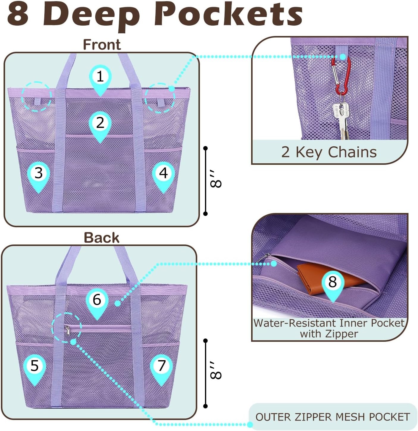 image:imageFammart Mesh Beach Bag with Zipper for Women Large Beach Tote Sandproof Toys Pool Swim Bag Travel Vacation Cruise EssentialsLarge Zipper Closure Purple