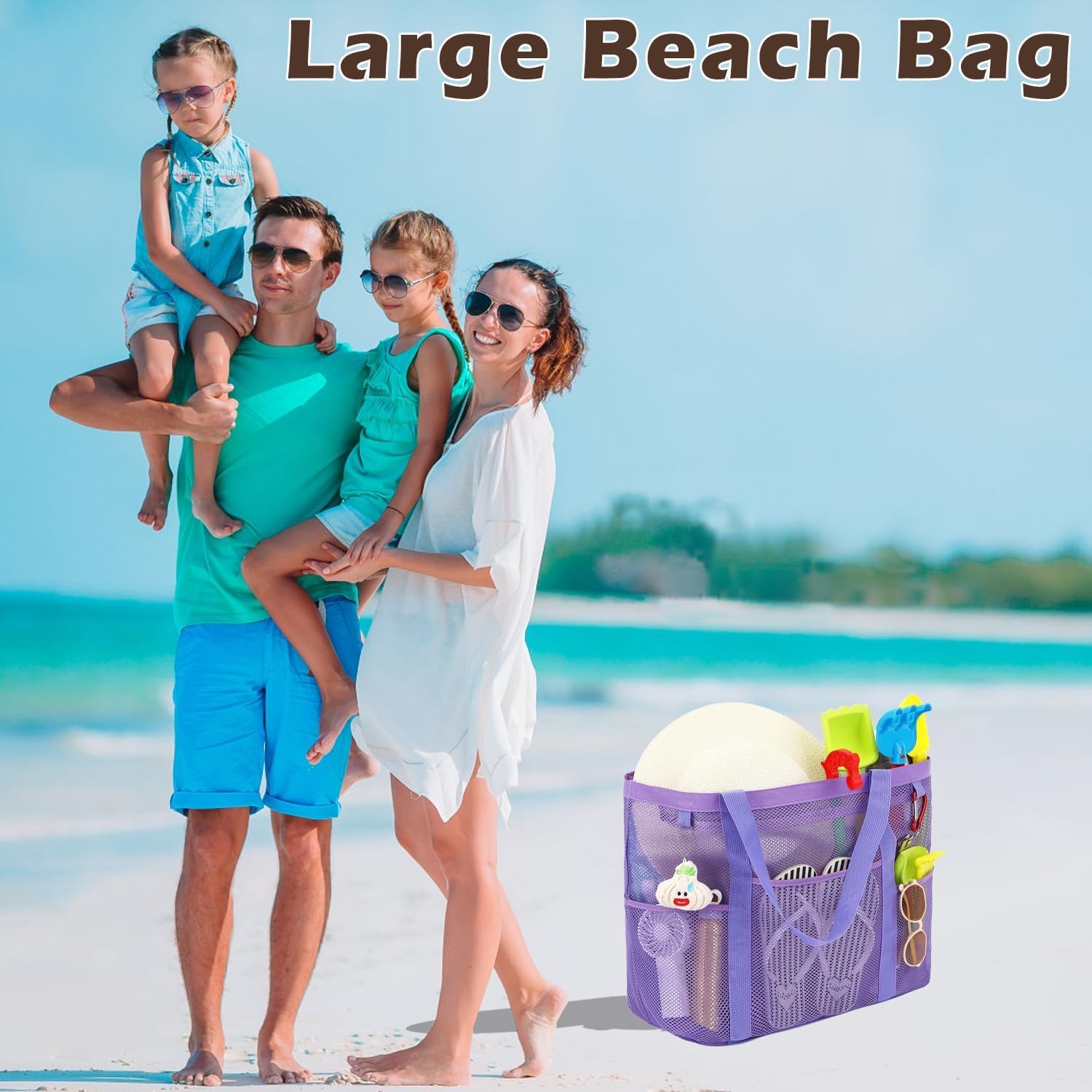 image:imageFammart Mesh Beach Bag with Zipper for Women Large Beach Tote Sandproof Toys Pool Swim Bag Travel Vacation Cruise EssentialsLarge Zipper Closure Purple