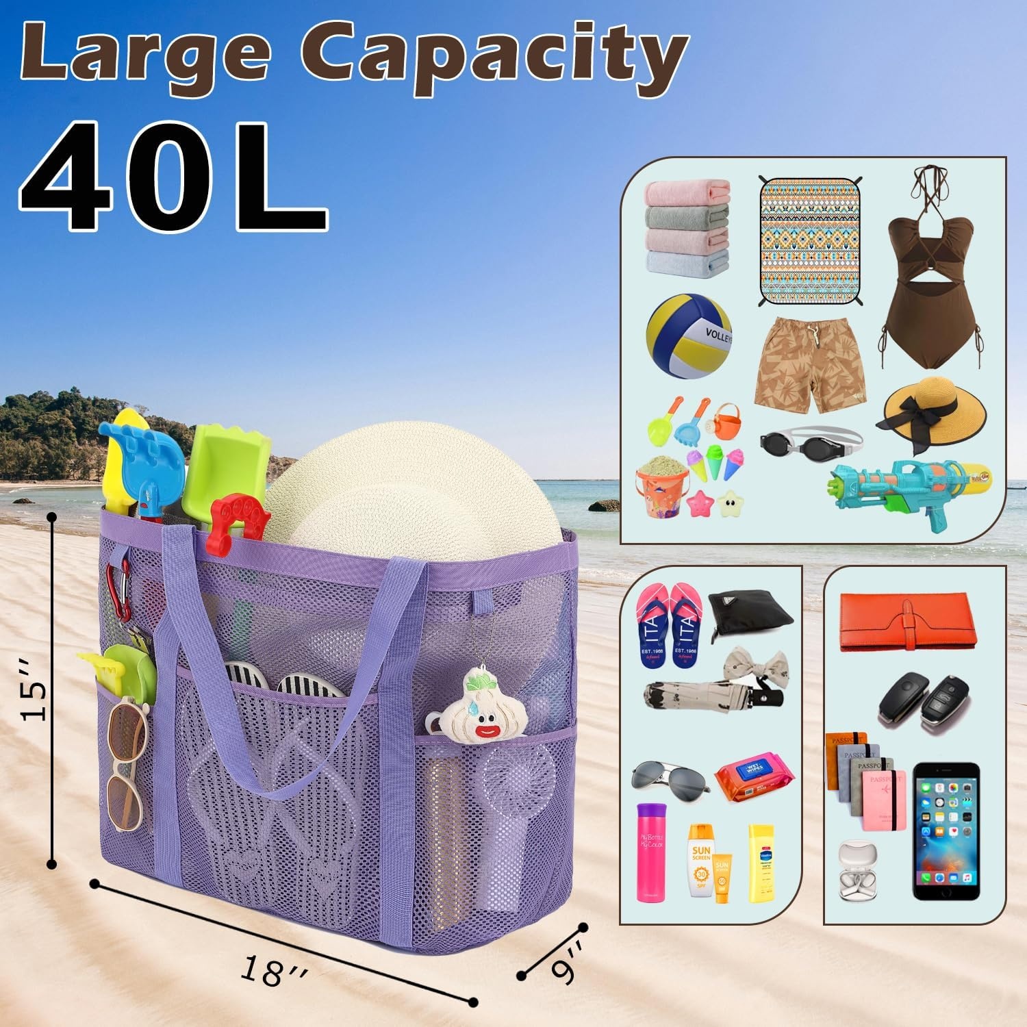 image:imageFammart Mesh Beach Bag with Zipper for Women Large Beach Tote Sandproof Toys Pool Swim Bag Travel Vacation Cruise EssentialsLarge Zipper Closure Purple